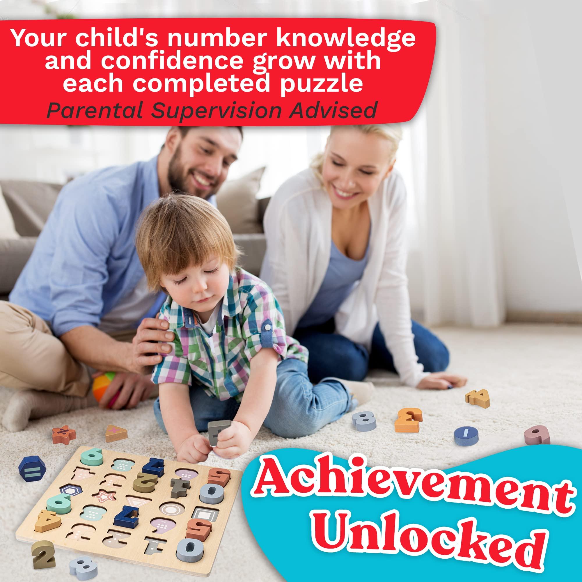 Frankly Awesome Products Wooden Puzzles for Toddlers 3-5 - 25pcs Puzzle by Number Kids w/Shapes & Math Symbols - Toddler Number Learning Toys to Develop Counting & Problem-Solving Skills - Number Puzzles for Kids Ages 3-5