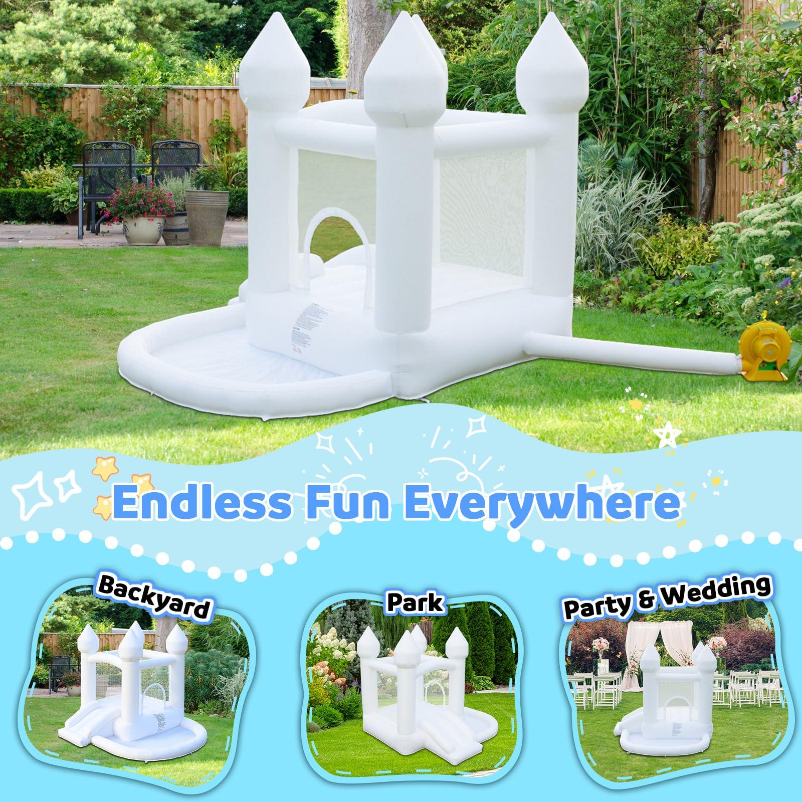 FOOING FOOING White Bounce House, Inflatable Bounce House with Air Blower, Jumping Castle Bounce House with Ball Pit for Party, Wedding, Backyard Easy to Set Up, Safe for Family