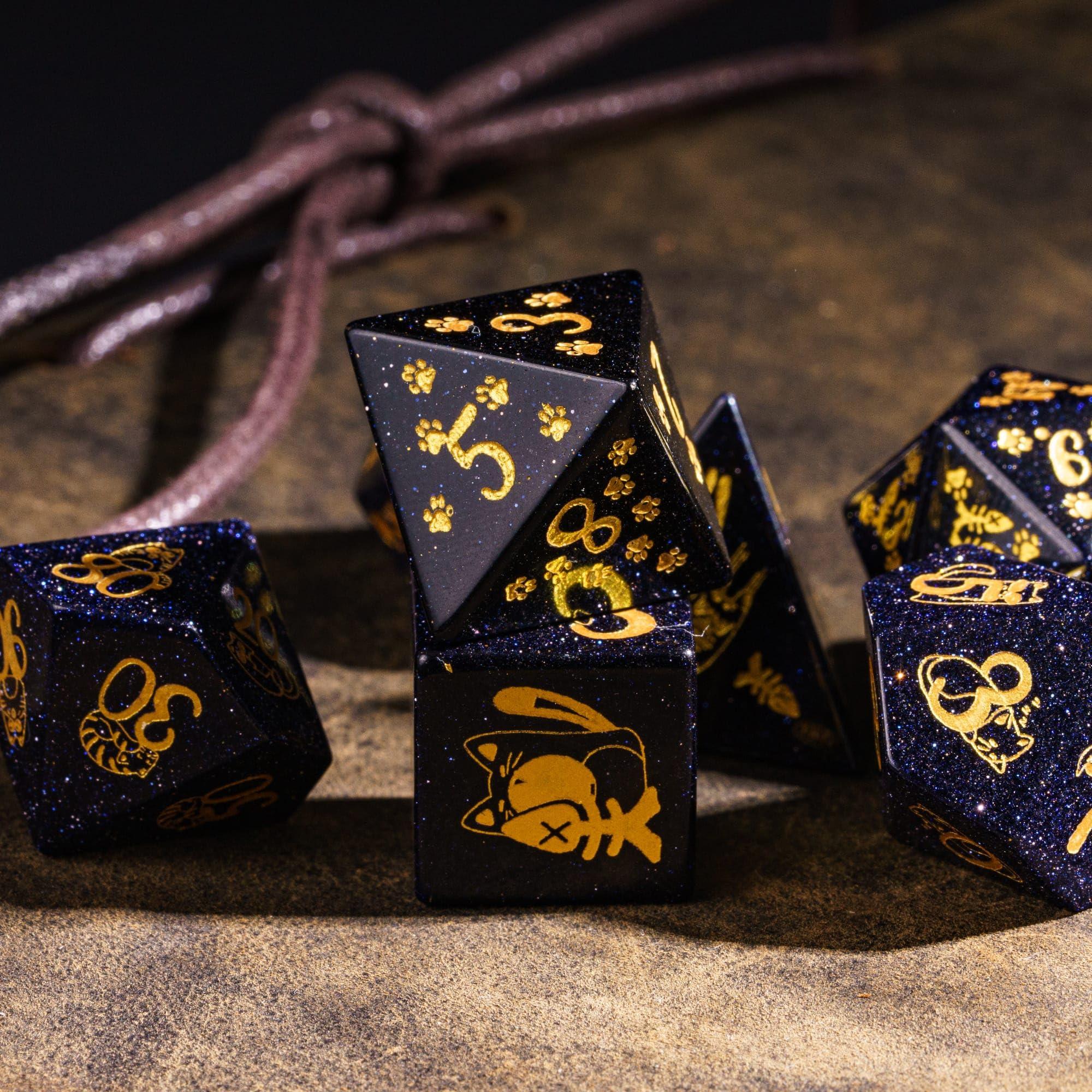 UDIXI UDIXI Gemstone DND Dice Set Blue Sandstone Dice with Cute Cat Pattern, Stone Dice for Dungeons and Dragons Tabletop Game