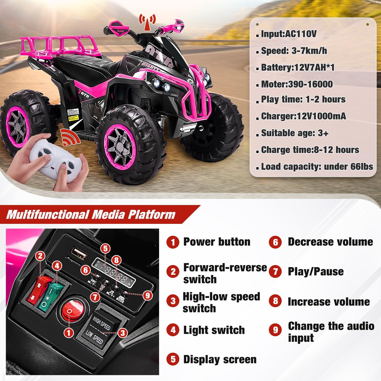 SOAR Soar Remote Control Four Wheeler for Kids - Electirc Toddler 4 Wheeler for Kids 3-6, Ride on ATV 12v Battery Powered, Kids Quad with LED Lights, Music, High Low Speed, USB/TF, Treaded Tires, Pink