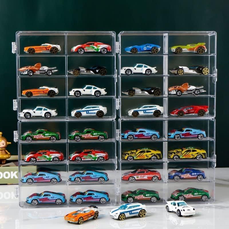 YAMAXUN Hot 1/64 Scale Matchbox Toy Car Display Box 4 Piece Toy Car Storage Box Holds Up to 32 Hot Wheels Cars, Clear Display Box with Clear Snap-On Dust Cover