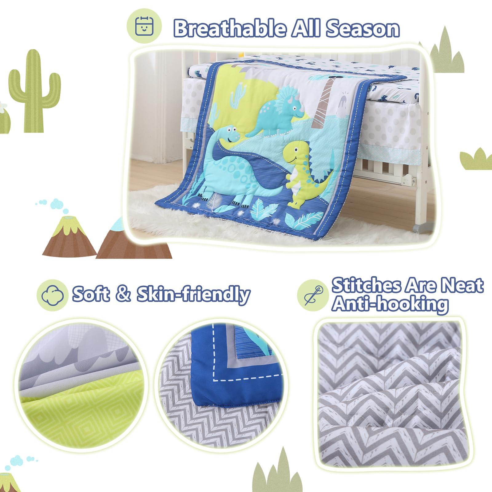 Wowelife Wowelife Dinosaur Mini Crib Bedding Set for Boys Blue Premium 3-Piece Baby Bedding Sheet Set Dinosaurs Nursery Crib Set Crib Comforter Set Breathable and Soft for Baby