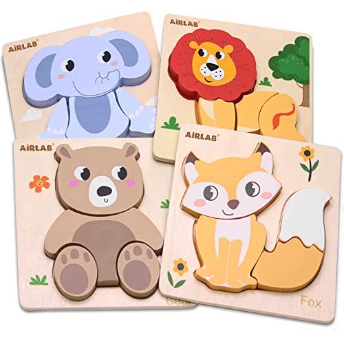 Airlab Wooden Puzzles for Toddlers 1 2 3 Year Old Animals Shape Puzzle Toys for Travel Airplane Gift for Kids Montessori Early Development Gifts for Baby Boys Girls with Drawstring Bag Pack of 4