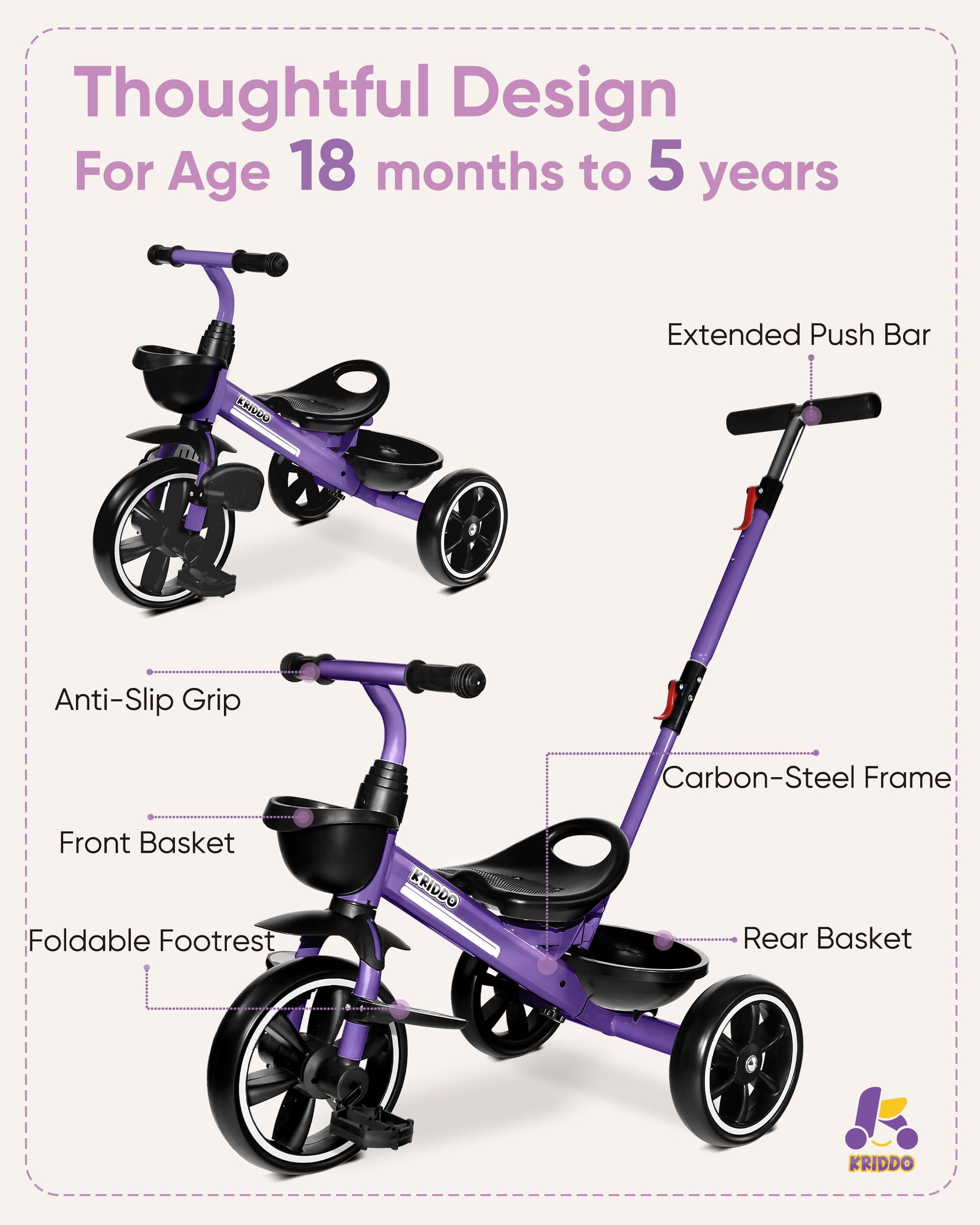 KRIDDO KRIDDO 2-in-1 Toddler Tricycle for Ages 18 Months to 5 Years Old - Extended Push Handle for Effortless Push, Gift Trike for Toddler 3 to 5 Year, Kids Tricycle with Foldable Front Footrest, Purple
