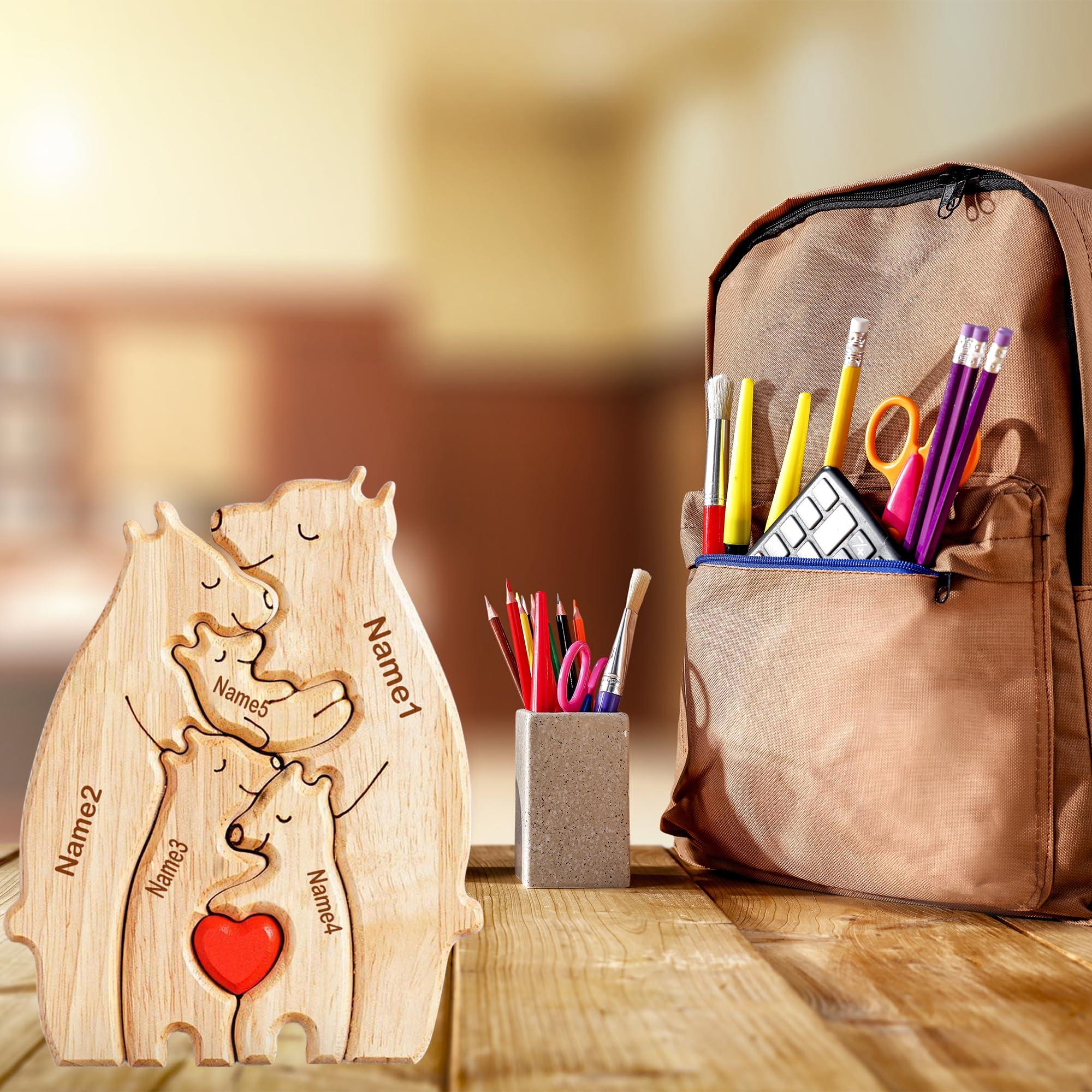 WHIMCHOIT Personalized Wooden Bear Puzzle with 3-5 Family Name Custom Family Name Sculpture Customized Family Name Sign Gifts Wooden Animal Family Puzzle for Home Decor and Anniversary Birthday Mom Dad Gifts