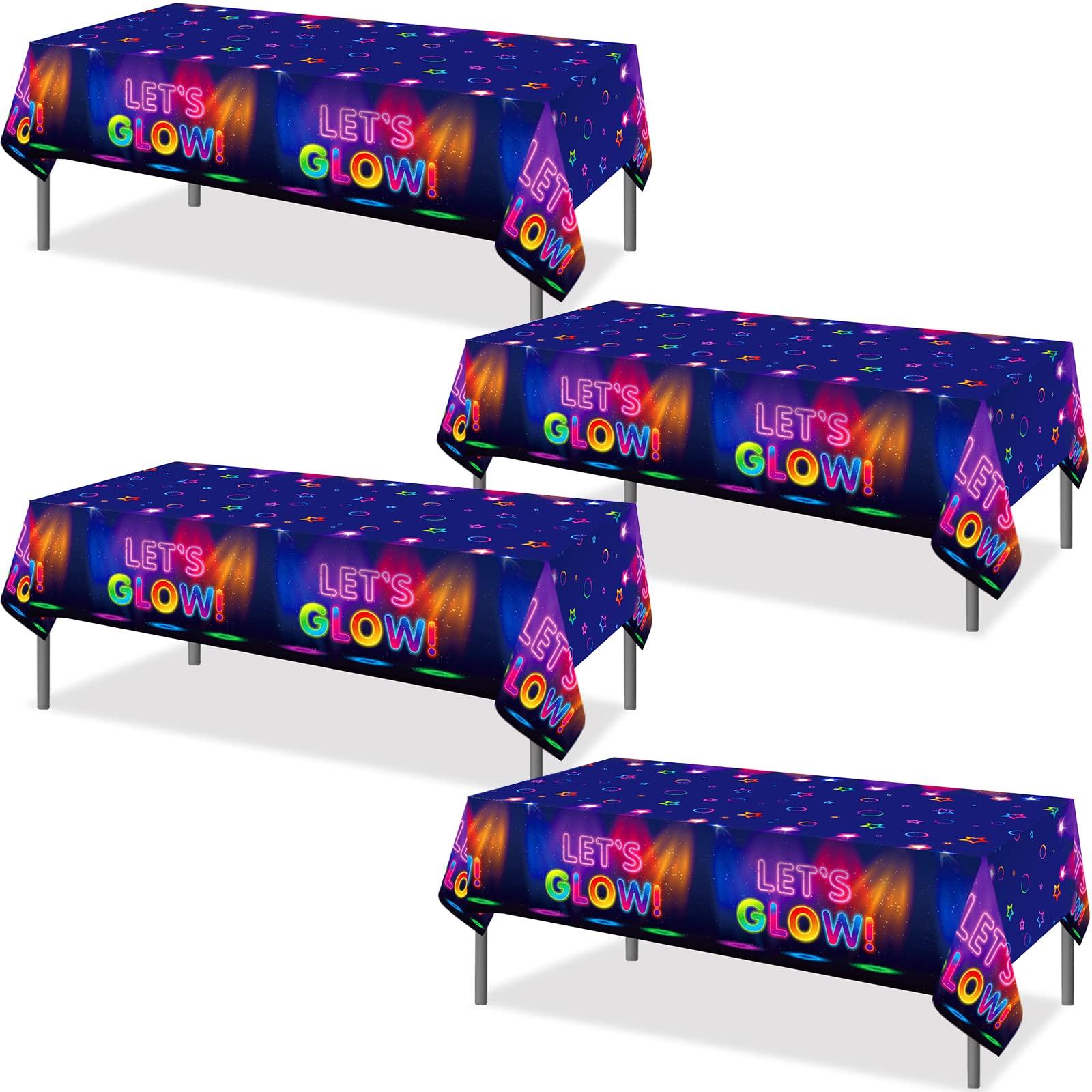 Tegeme Tegeme 4 Pieces Glow Tablecloth 86 x 51 Inch Glow in The Dark Tablecloth Disposable Tablecloths for Glow Theme Neon Party Black Light Party Supplies