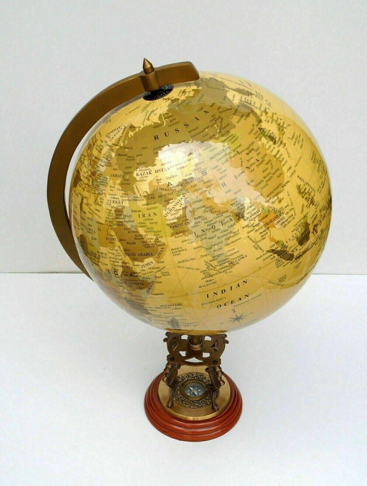 ALFA NAUTICAL Globe World Map Earth Globes With Designer Lions Wooden Base Compass Globe