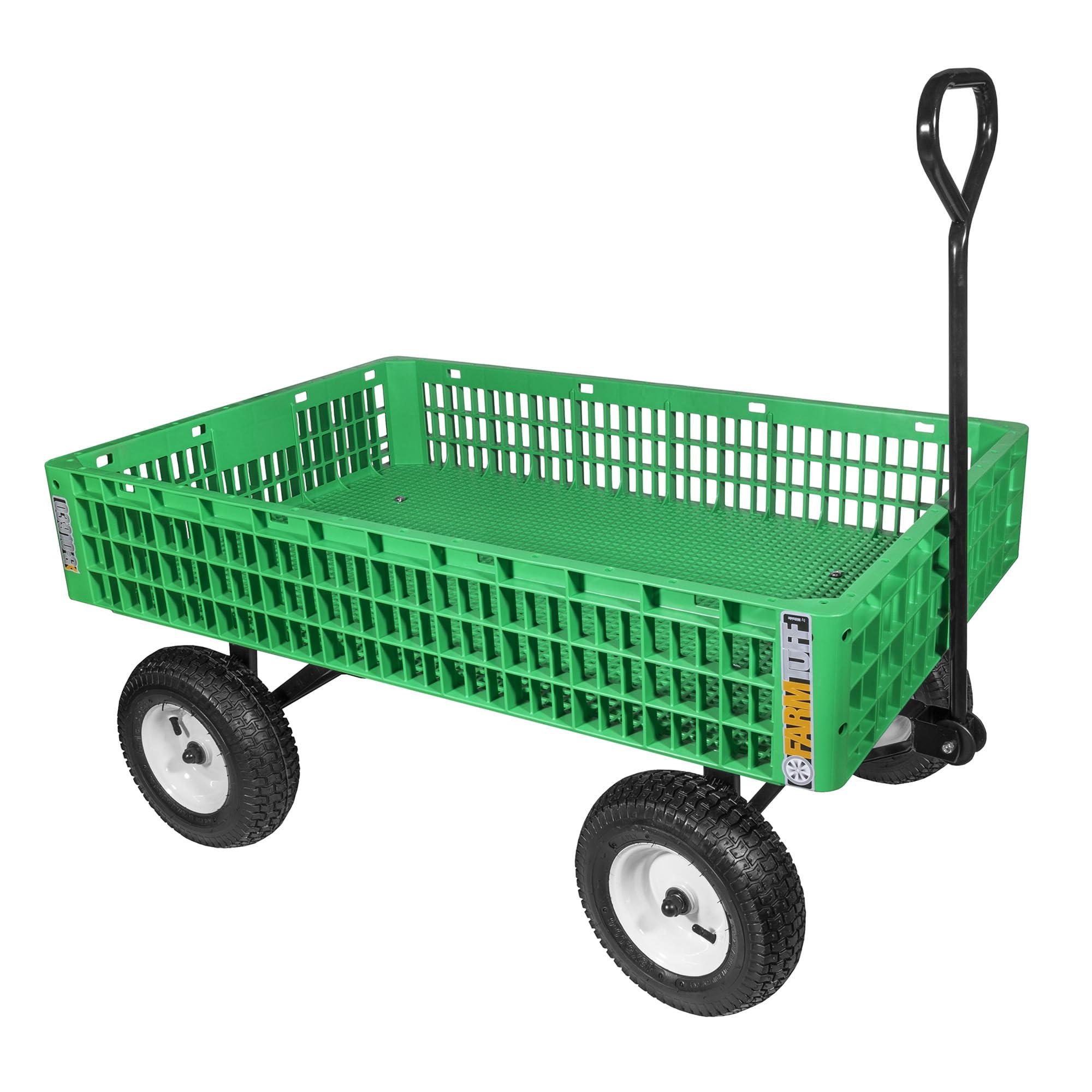 Farm Tuff Durable Plastic Crate Garden Wagon Utility Cart with Pneumatic Tires for Outdoor Hauling, Green, 30\" x 46\" image-1