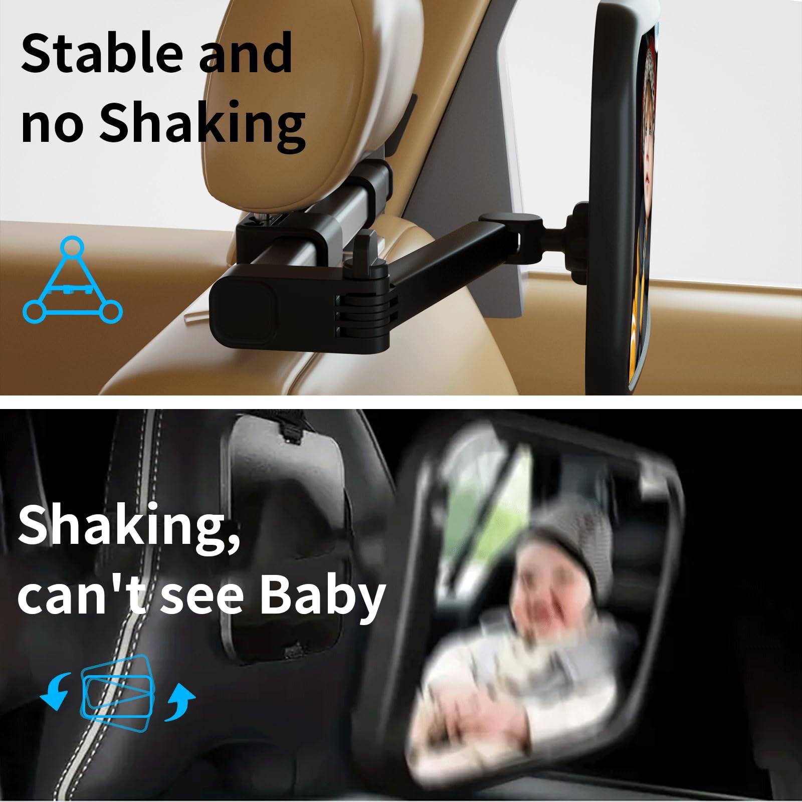 TDFERAN Baby Car Mirror Rear Facing, Safety Adjustable Car Seat Mirror for Baby Extendable Baby Car Mirror Large Car Mirror for Baby with Hook Clip Design + 2 Baby on Board Stickers,2 Car Seat Headrest Hook