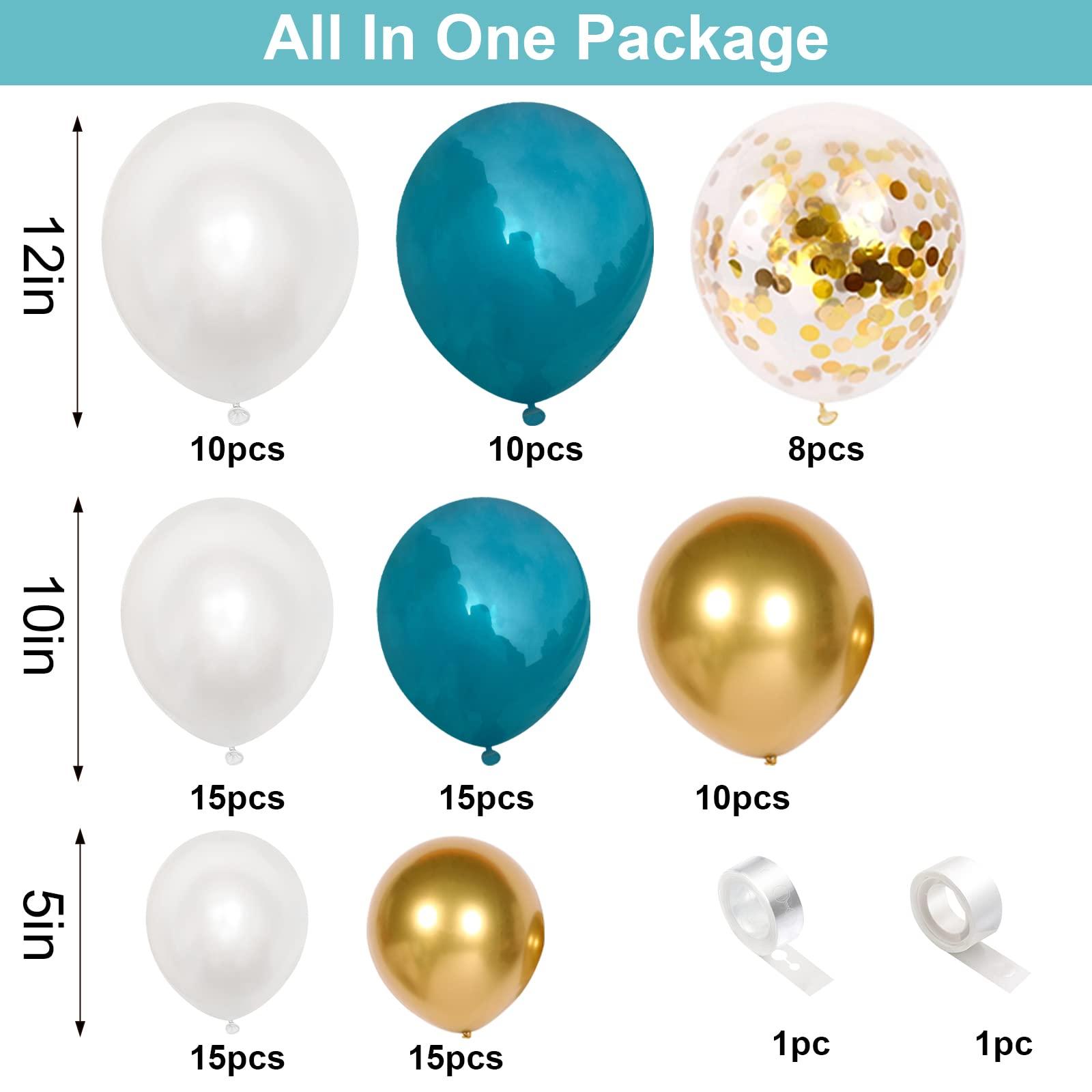 Domgoge Matte Turquoise Blue Pearl White Balloons Garland Arch Kit Metallic Gold Balloon with Gold Confetti Latex Balloon Teal Blue Balloons Chrome Gold Party Decorations Supplies Birthday Baby Shower