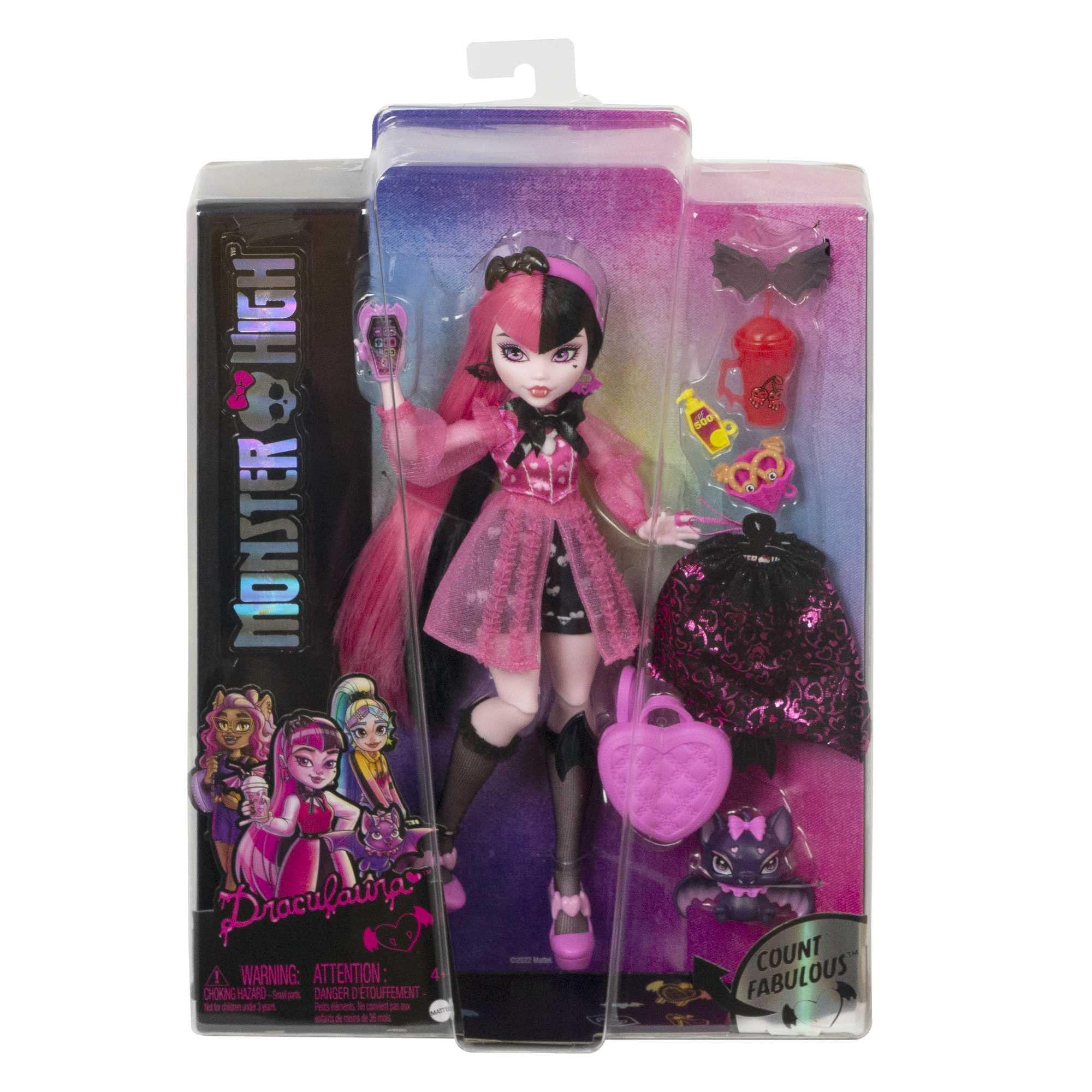 Monster High Monster High Doll, Draculaura with Pink & Black Hair in Signature Look with Fashion Accessories & Pet Bat Count Fabulous