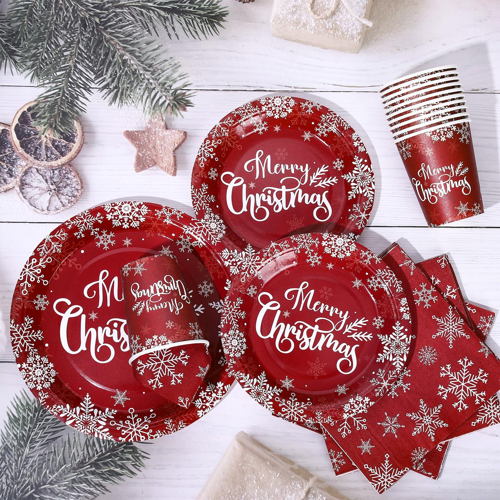 AnyDesign AnyDesign Christmas Paper Plates and Napkins 50Pcs Plates and 25Pcs Luncheon Napkins with 25Pcs Cups Red Xmas Winter Snowflake Disposable Dinner Tableware Set for Party Supply Table Decor