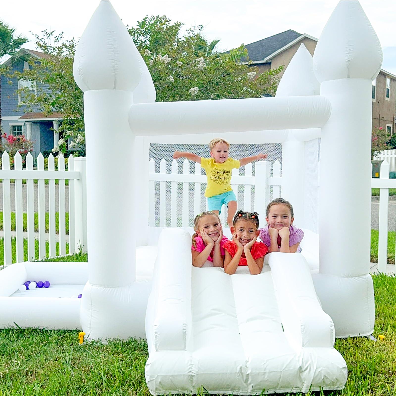 AKSPORT AKSPORT White Bounce House Castle Inflatable Jumping Castle with Slide & Air Blower for Kid, Wedding, Birthday Party Castle, 9 * 9 * 7FT