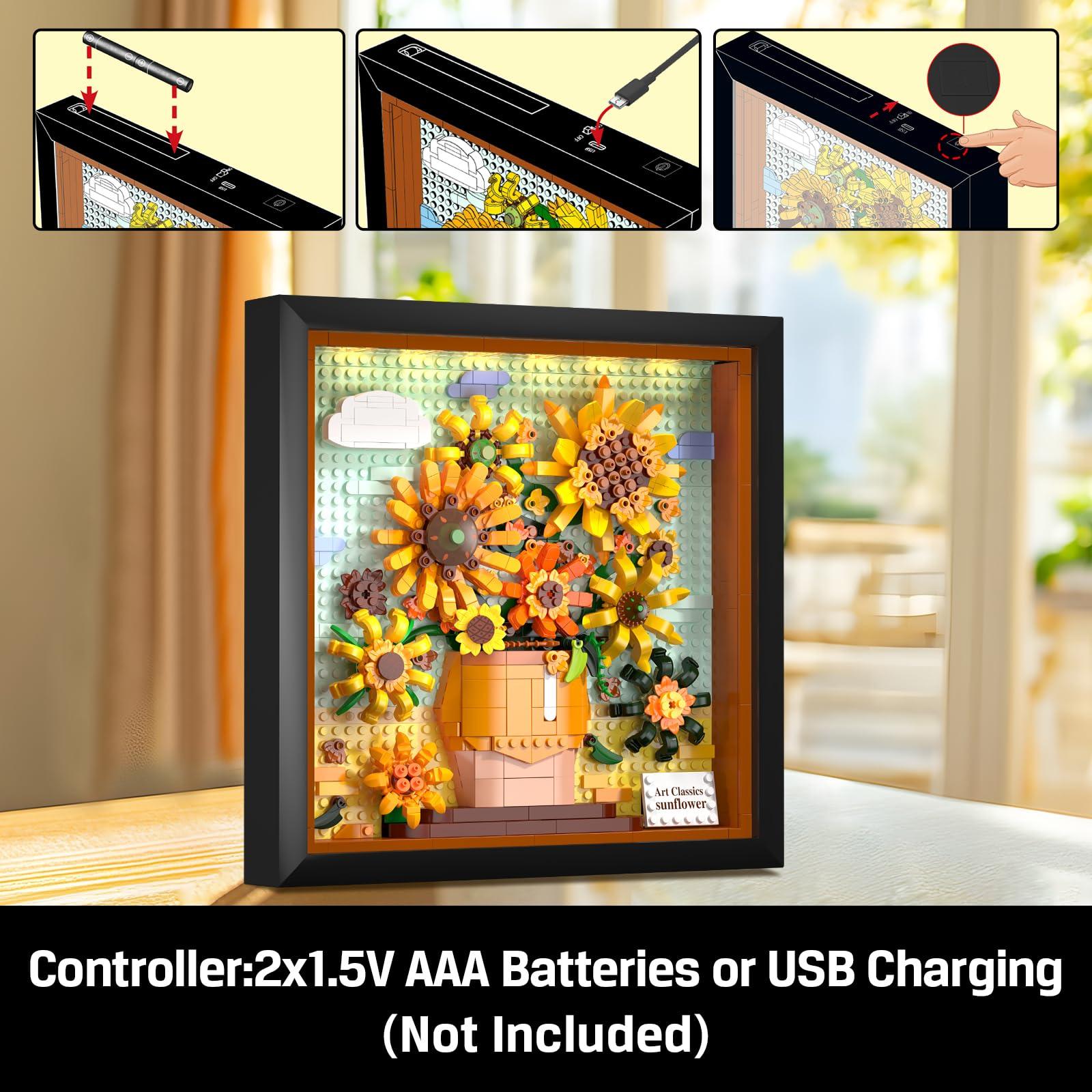 HOGOKIDS HOGOKIDS Flowers Sunflower Building Set with Lights - Vincent Van Gogh Painting Frame Artwork Mini Building Blocks Toy for Home Dcor Wall Art Architecture Sets for Adults Teens - 807PCS