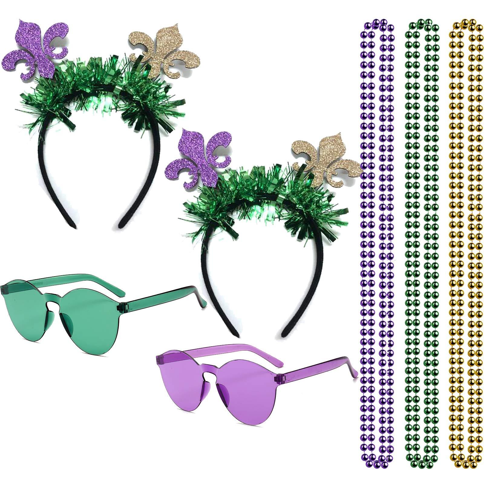 Holidaywoo Mardi Gras Accessory Set 2 Pieces Mardi Gras Headbands and 6 Pieces Mardi Gras Beads Necklaces and 2 Pair Mardi Gras Glasses