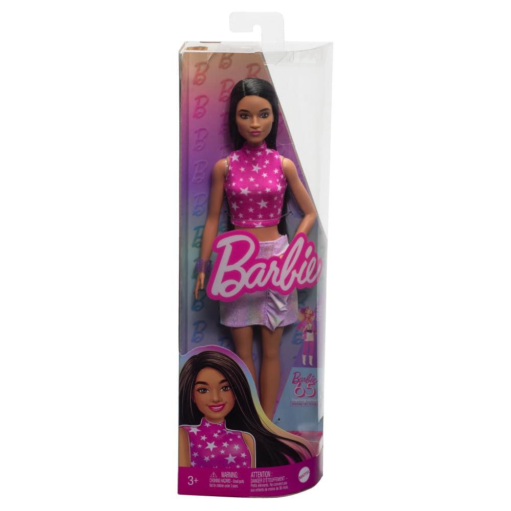 Barbie Barbie Fashionistas Doll #215 with Black Straight Hair, Pink Star-Print Top & Iridescent Skirt, 65th Anniversary Collectible Toy