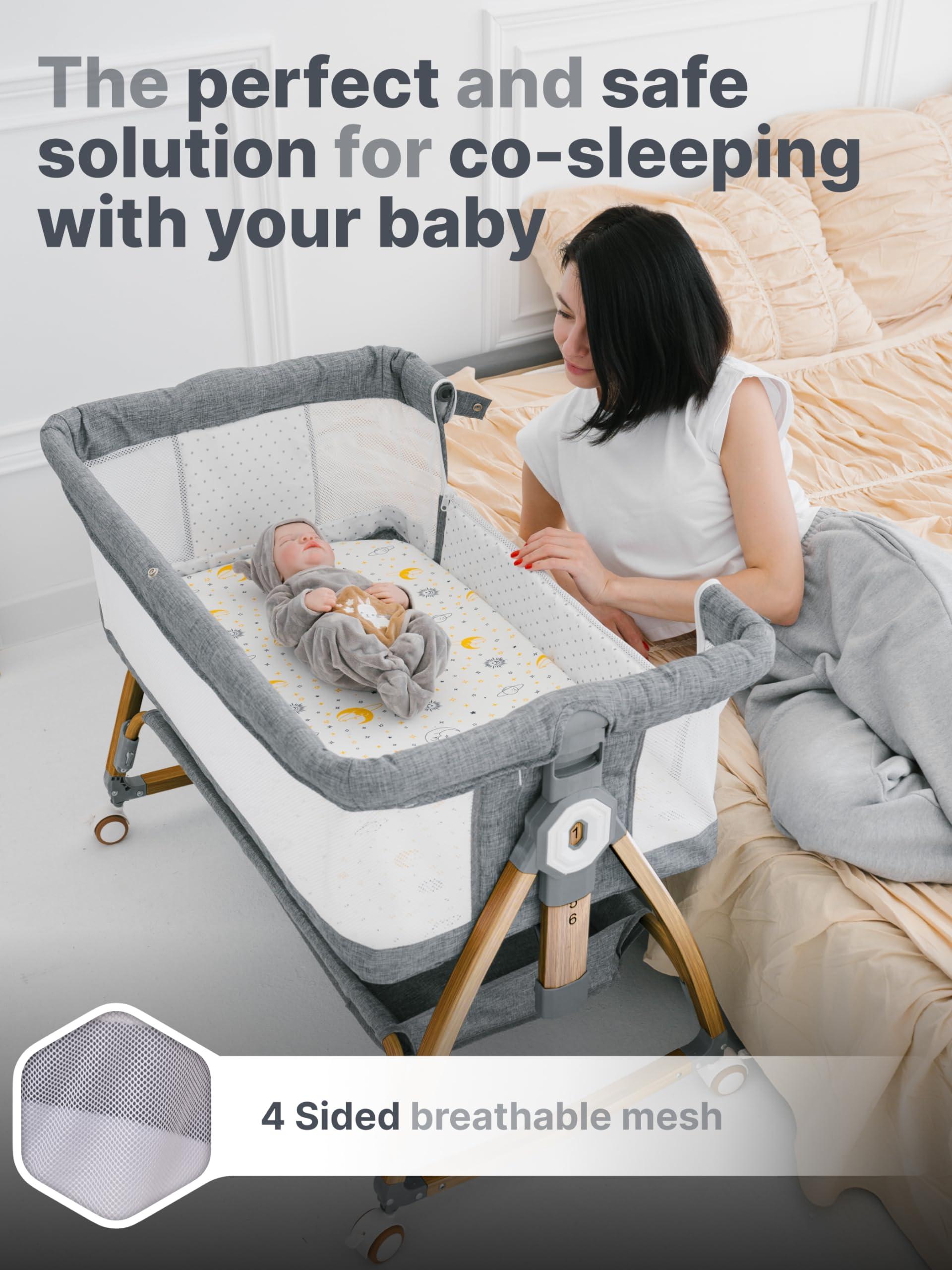 Earth&ME Baby Rocking Bassinet Bedside Sleeper - All Mesh Portable Bedside Crib for Safe Co-Sleeping, Storage Basket and Wheels, Adjustable Height, Includes Travel Bag, Mosquito Net (Wood Grain, Grey)