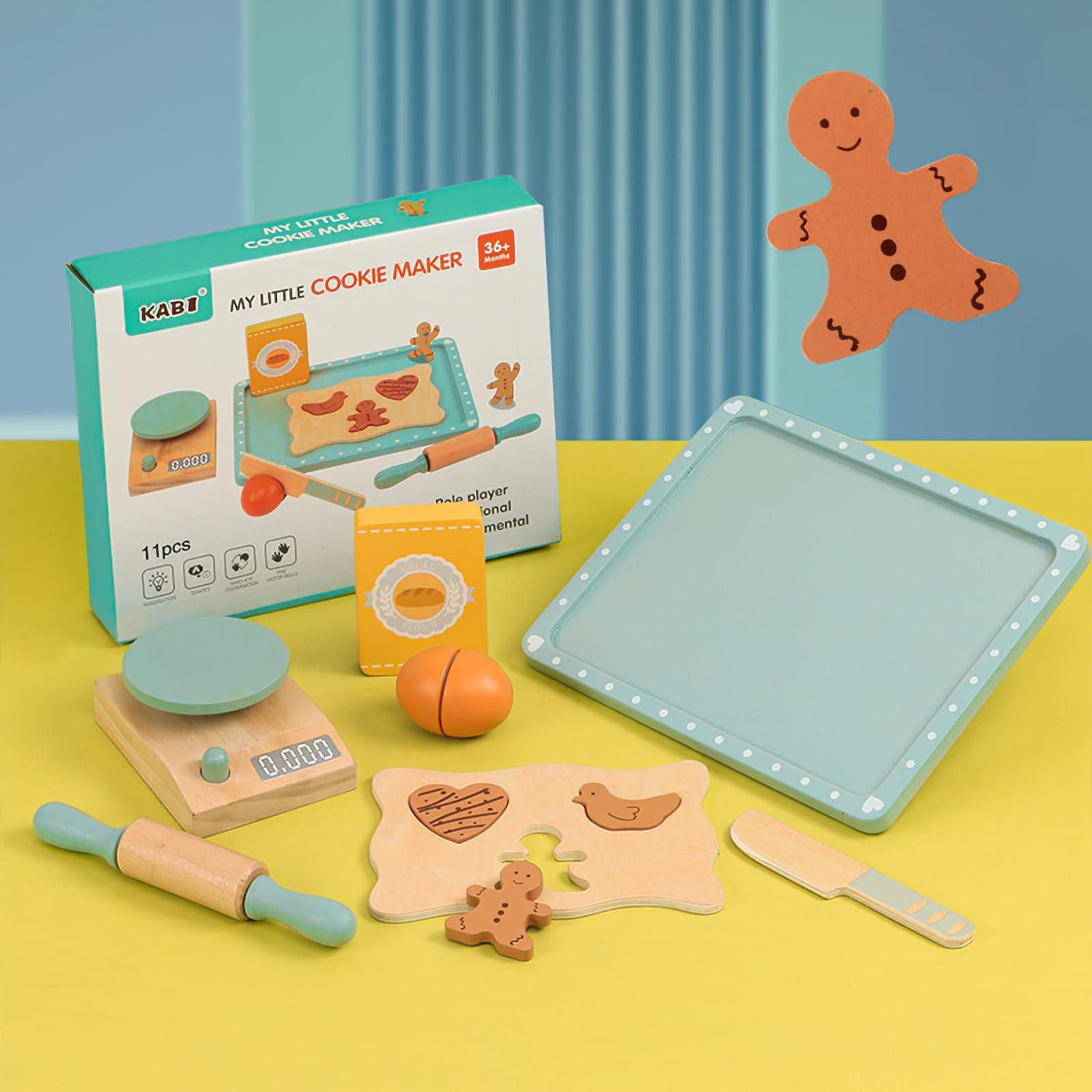 MIKNEKE Wooden Cookie Bake Play Food Set, Pretend Play Cookies and Baking for Toddlers, Montessori Play Kitchen Accessories Wooden Food Set for Kids (Cookie Maker)