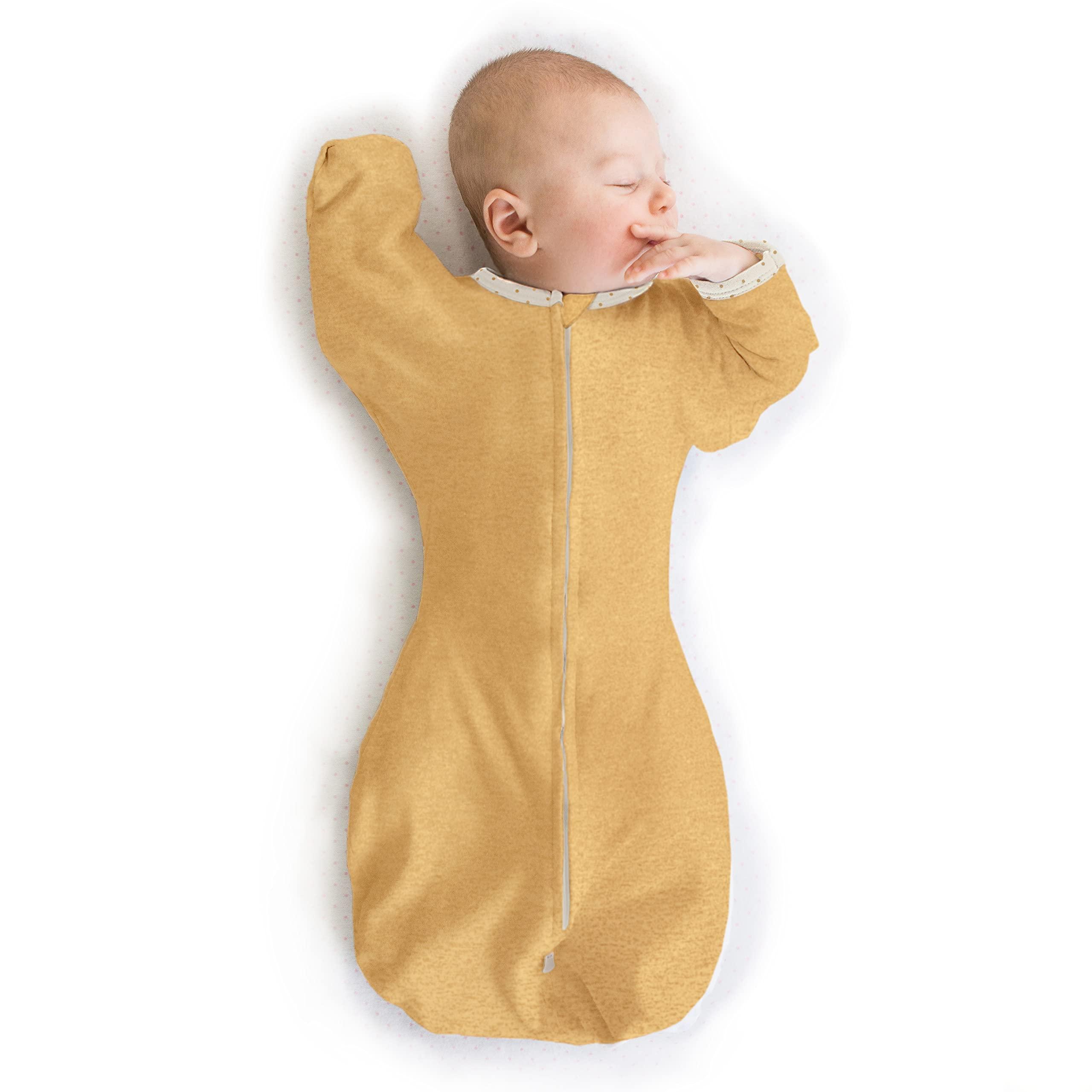 SwaddleDesigns SwaddleDesigns Baby Sleep Sack Set, Gold and Butterum, 0-3 Mo Transitional Swaddle Sack with Arms Up Half-Length Sleeves & Mitten Cuffs and 0-6 Mo Cotton Muslin Wearable Blanket with 2-Way Zipper