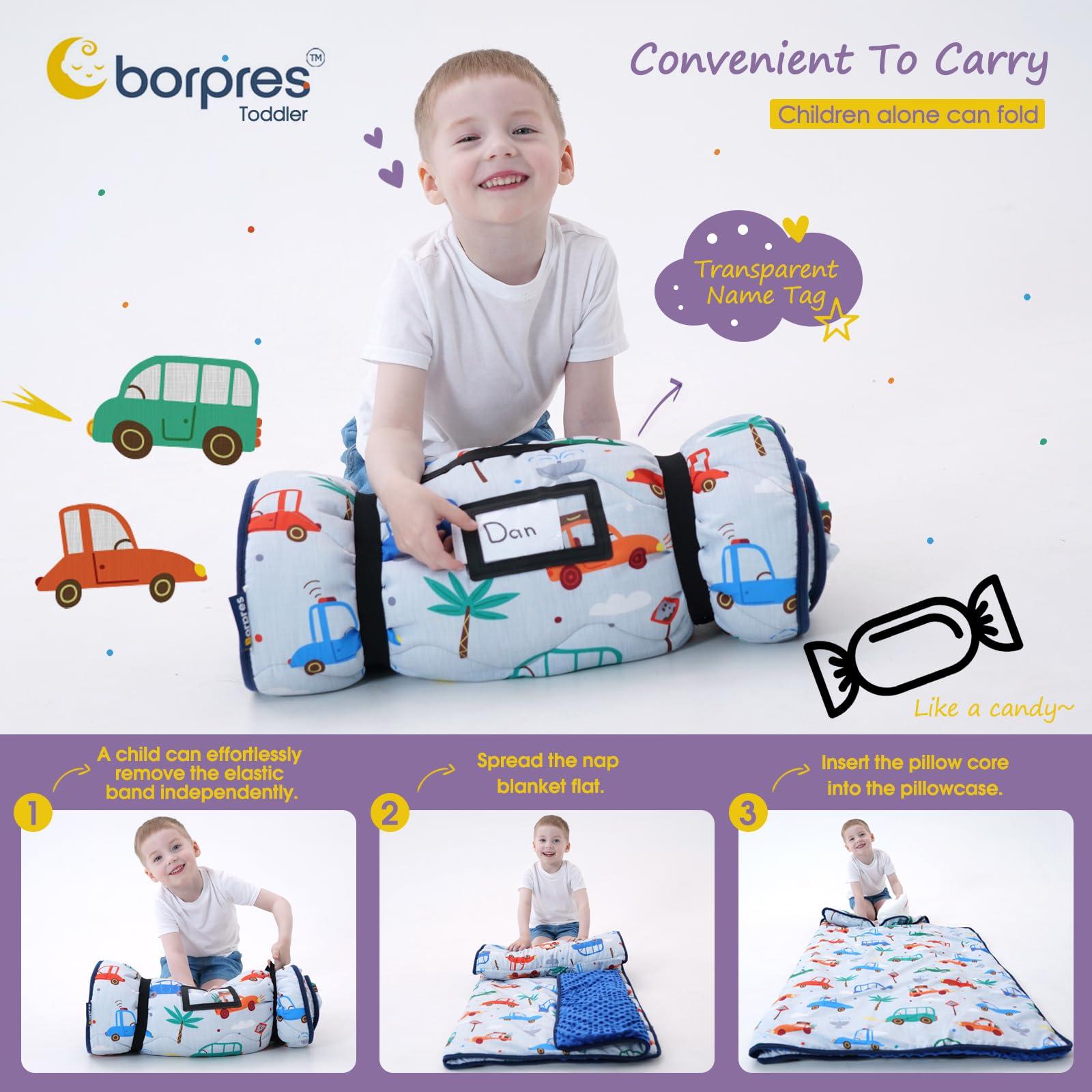BORPRES Nap Mat with Pillow Blanket Set: Cars Sleeping Mats for Toddler Kids - Thick Large Roll up Slumber Bag for Daycare Preschool Kindergarten Boys Girls