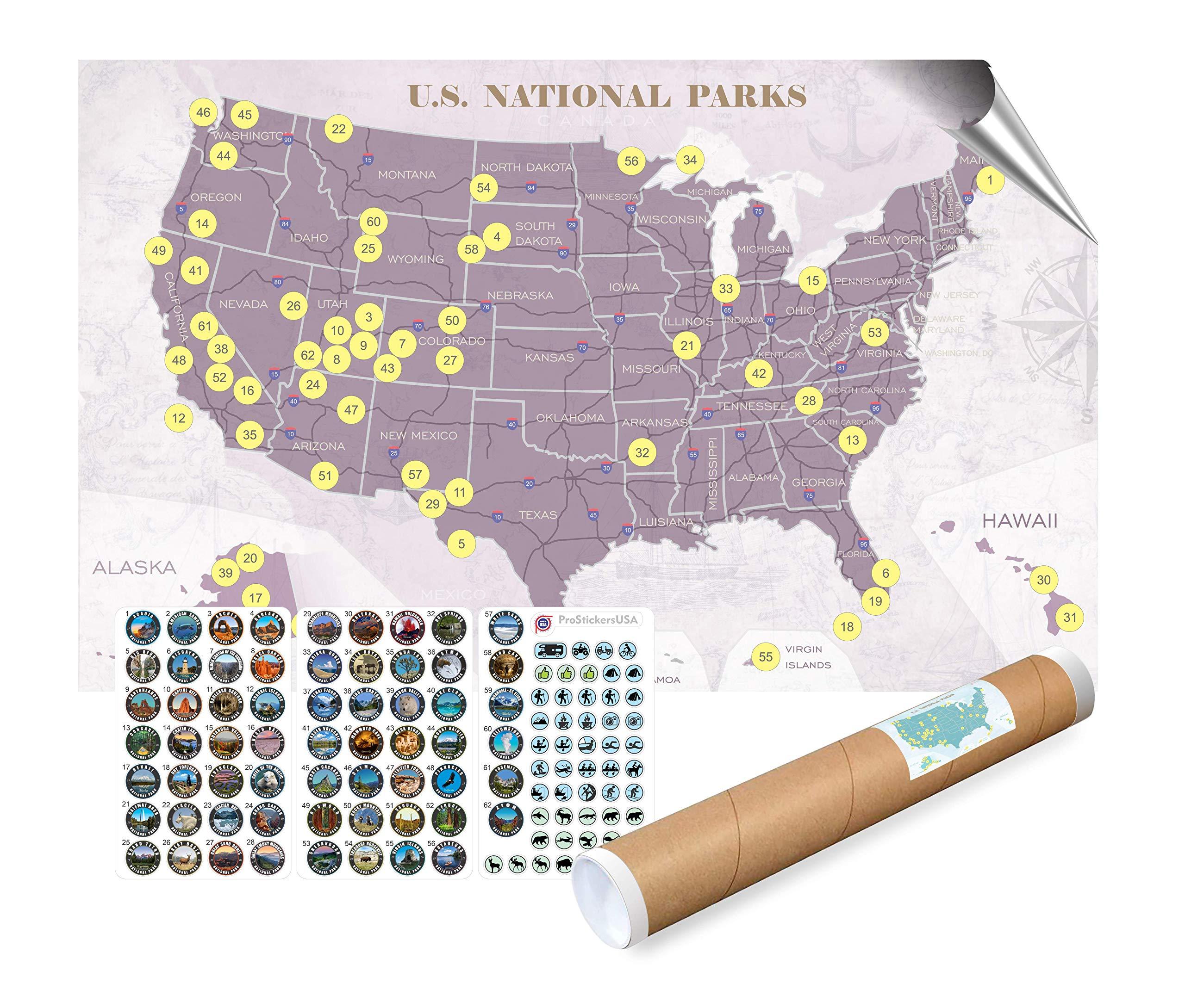 ProStickersUSA Collection 63 Stickers Set All US National Parks and Large Size Map of U.S. National Parks.17 x 27 inch with Tube Box.