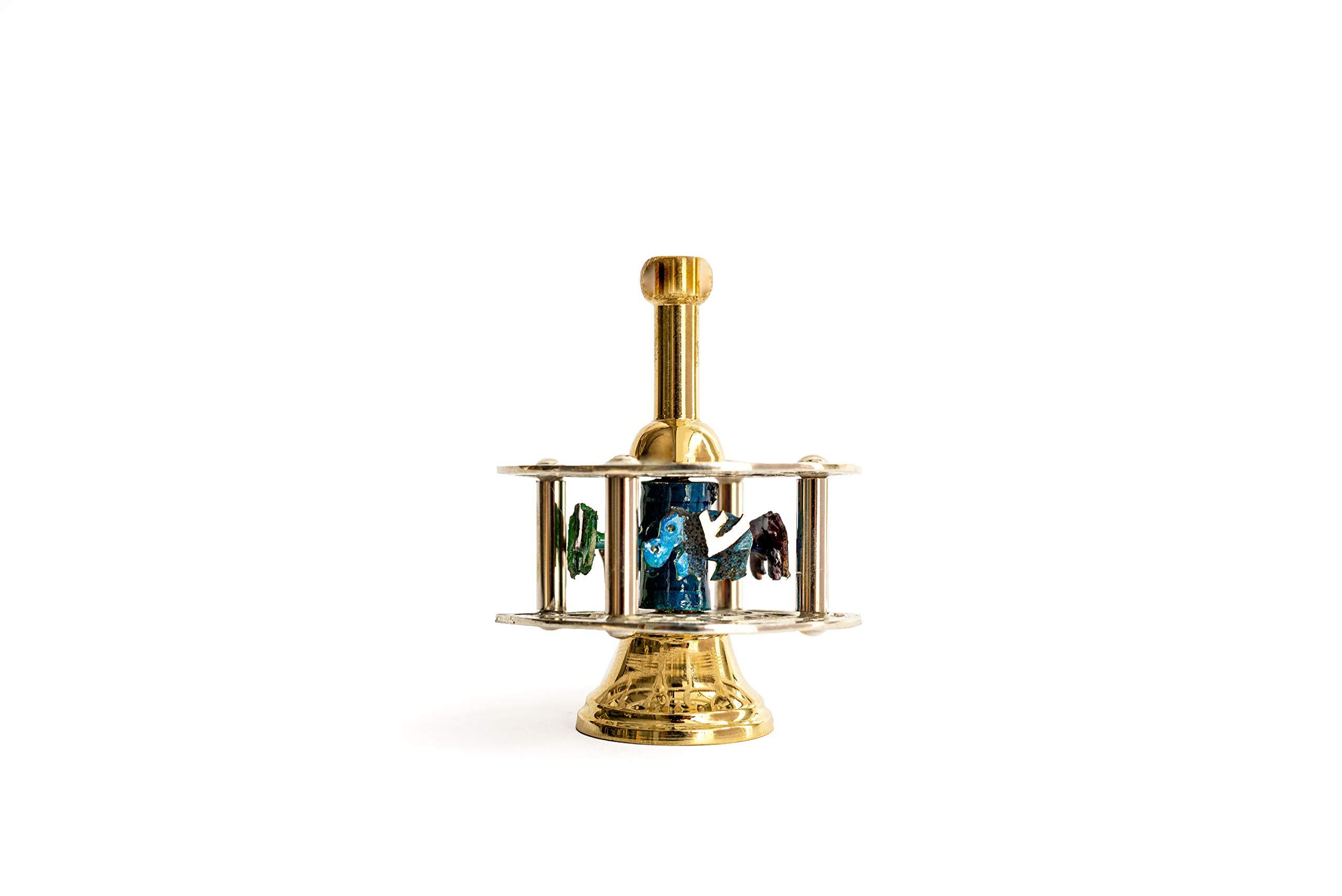 NADAV ART Special Hanukkah dreidel made of sterling silver with magnificent colorful cold enamel colors & brass Handle and Stand Elephant Shape inside