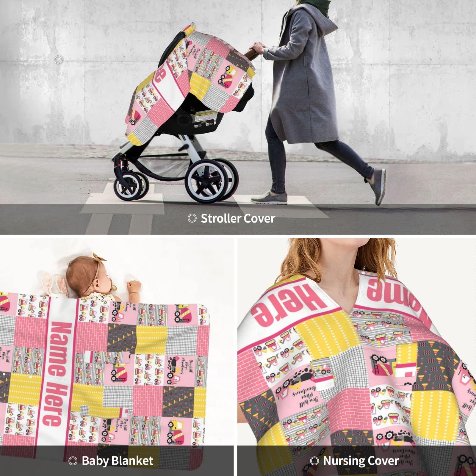 Naseagleeye Personalized Baby Car Seat Canopy for Babies with Name, Custom Car Seat Covers for Girls, Infant Opening Minky Nursing Breastfeeding Stroller Cover Carseat Canopies for Newborn (Construction Truck)