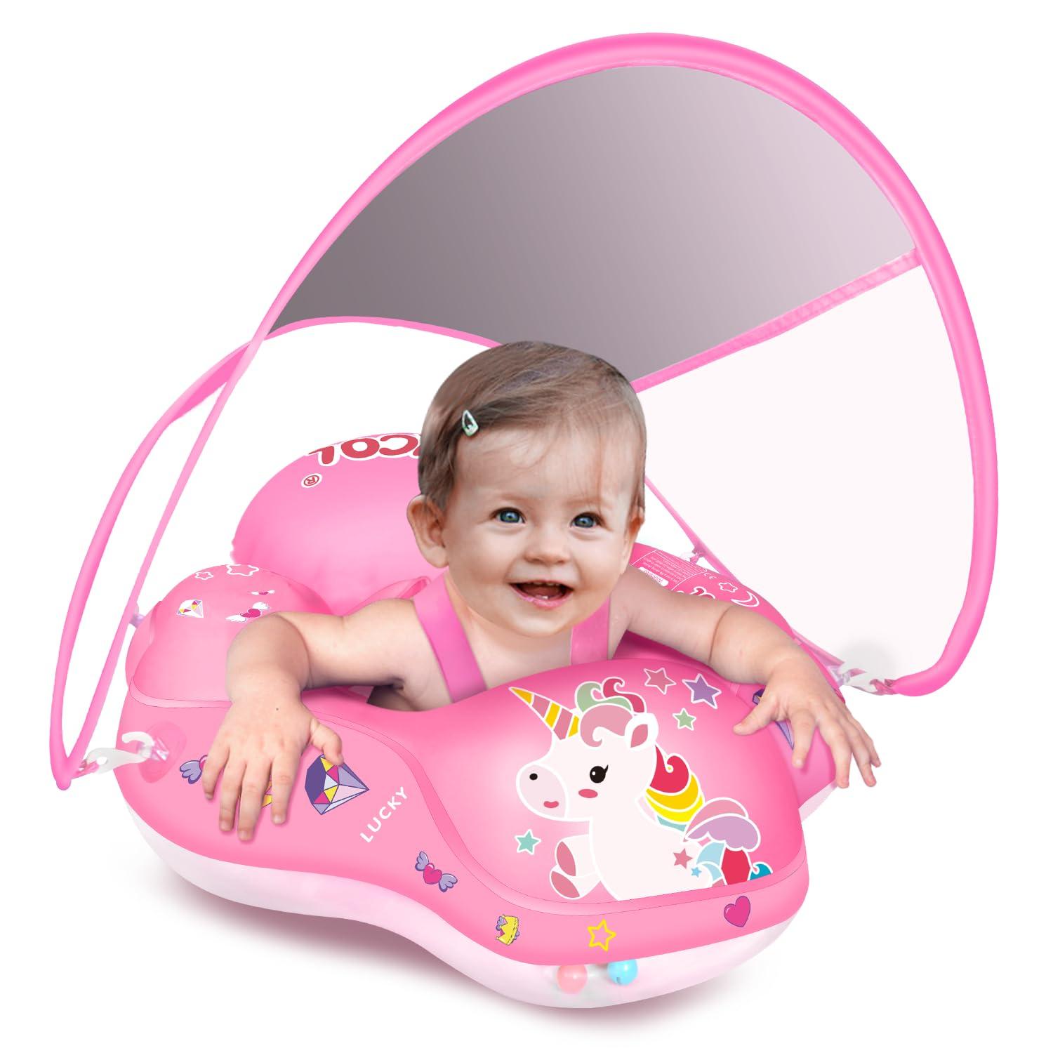 LAYCOL LAYCOL Baby Swimming Float Inflatable Baby Pool Float Ring Newest with Sun Protection Canopy,add Tail no flip Over for Age of 3-36 Months (Unicorn, S)
