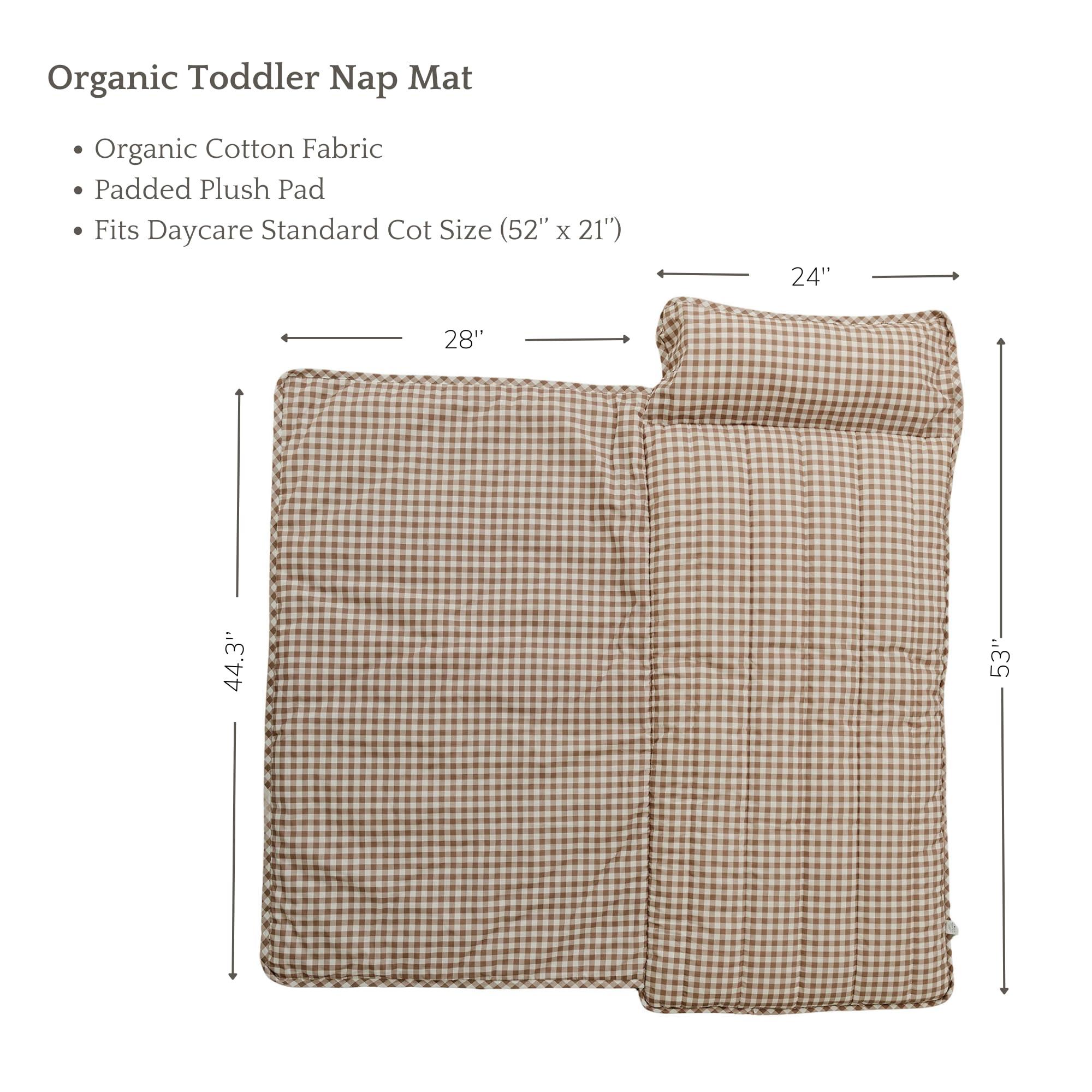bloomere Organic Toddler Nap Mat - 100% Cotton Fabric Sleeping Mat - Sleeping Bag for Kids - Removable Pillow and Blanket 1.5 Thick Pad - Ideal for Home, Daycare, Preschool & Sleepovers. (Brown Gingham)