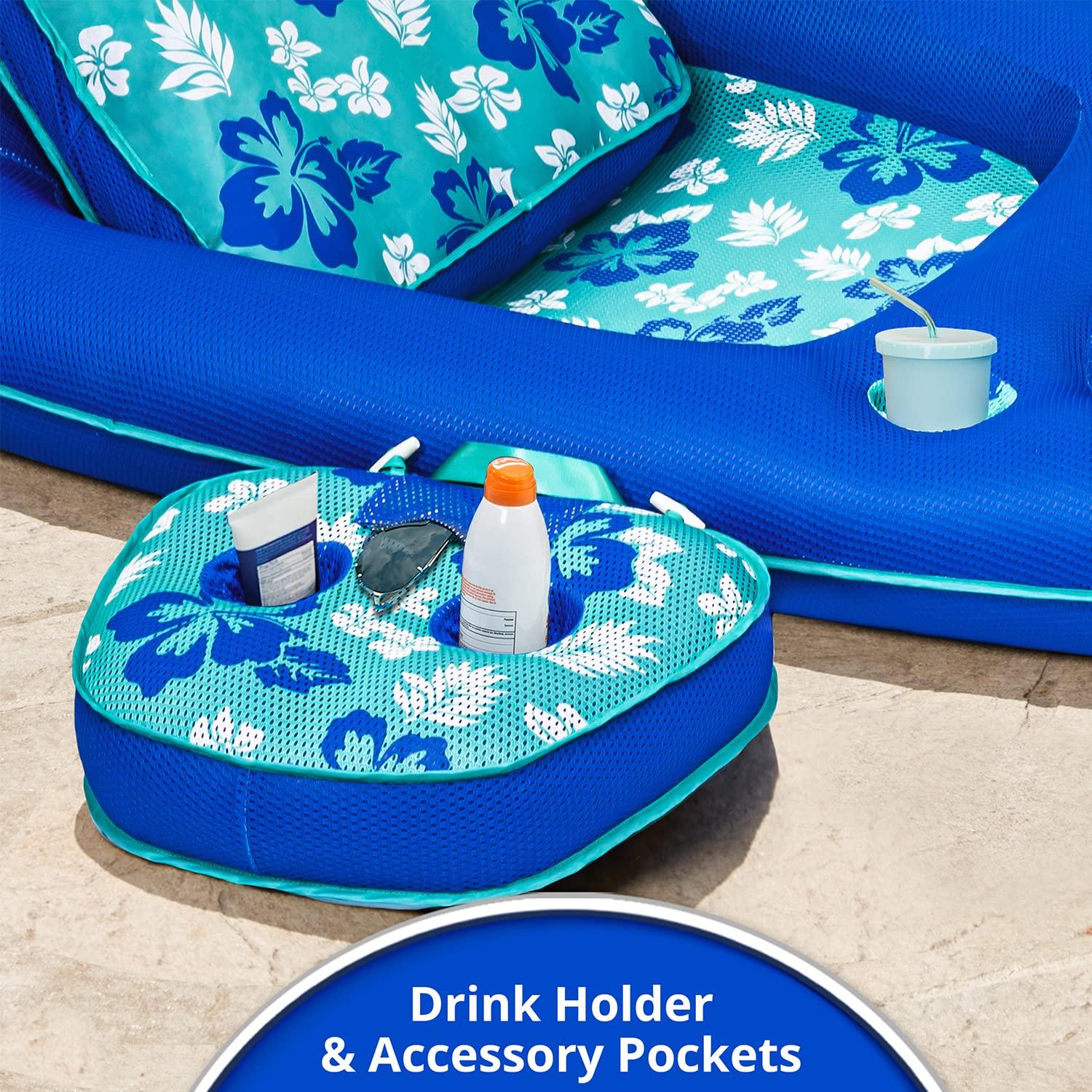 Aqua LEISURE Aqua Campania Ultimate 2-in-1 Pool Float Lounge Extra Large Inflatable Pool Floats for Adults with Adjustable Backrest & Cupholder Caddy Teal Hibiscus