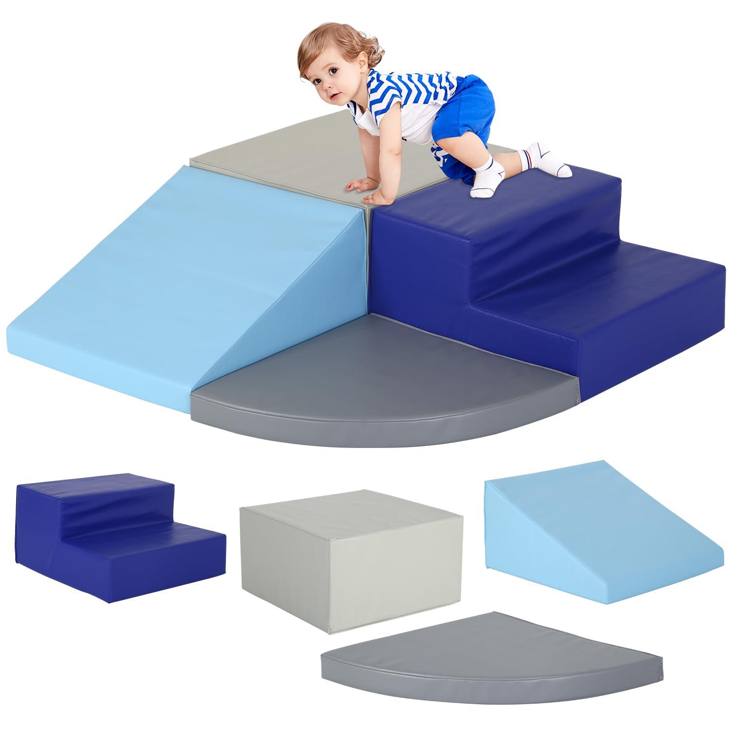 BORGEBY 4 PCS Baby Foam Climbing Blocks for Toddlers, Foam Play Gym Baby Climbing Blocks Climbing Toys for Toddlers 1-3 Inside, Foam Play Set for Children Development & Indoor Active Play (Blue, Grey)