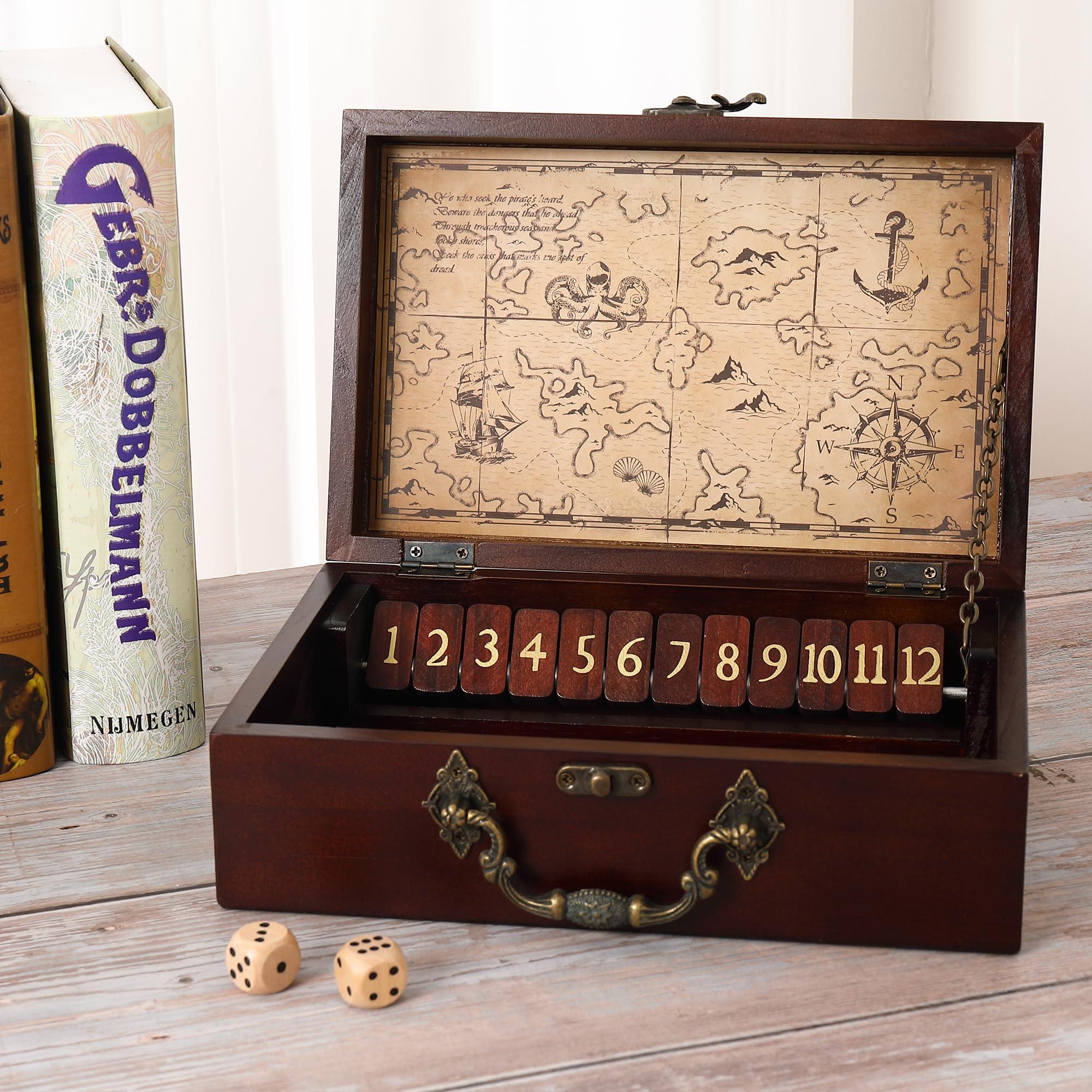STERLING STERLING Games 12 Number Shut The Box Wooden Box Travel Case Nautical Theme Family Dice Game for Kids and Adults