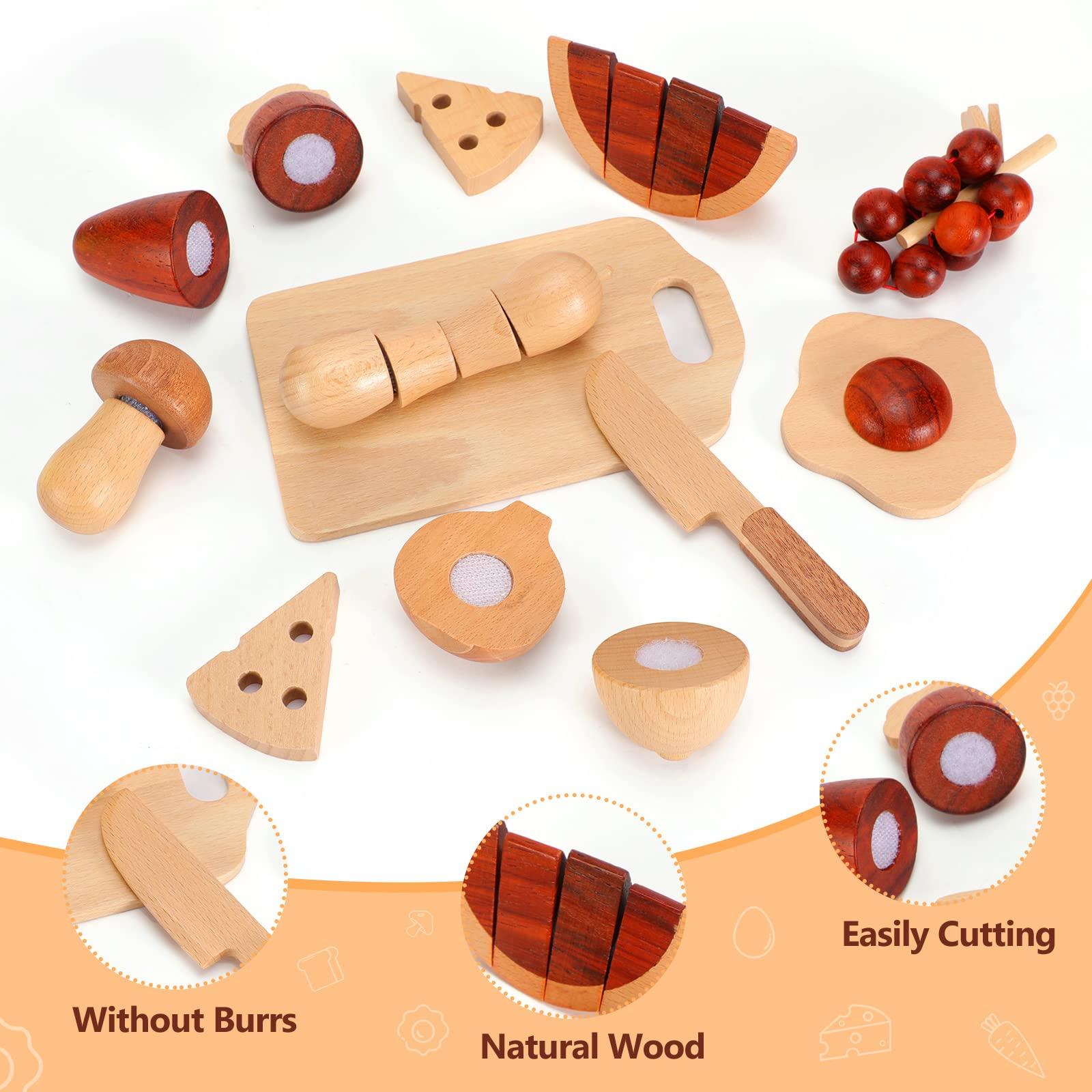 WHOHOLL WHOHOLL Wooden Play Food, Toddler Cutting Play Food Sets for Kids Kitchen, Velcro Fake Food Fruit Toys for Pretend Play Kitchen, Montessori Toy Kitchen Accessories for Girls Boys Gifts