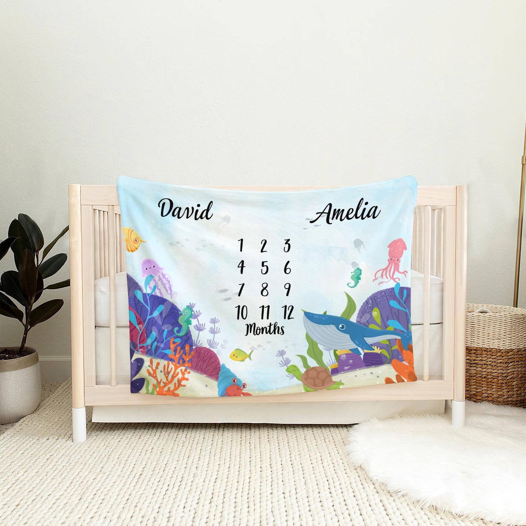 VibeCustom Personalized Ocean Wonderland Baby Blanket, Custom Names Underwater ThemeTracker, Soft Plush Marine Life Growth Chart, Nautical Nursery Decor
