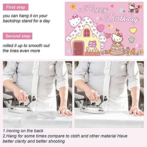 Lenglet Kawaii Kitty Birthday Party Supplies, Happy Birthday Backdrop for Kawaii Theme Party, 5 x 3 FT Cute Kitty Photography Background Banner for Girls Boys Birthday Party Decorations