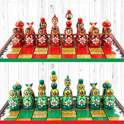 AEVVV Chess Set Board Game Russian Dolls Set - Themed Chess Russian Folk Art Chamomile - Matryoshka Nesting Doll Chess Pieces Wood Decor - Unique Chess Set Souvenirs