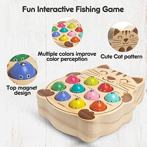 NAODONGLI Magnetic Fishing Game,Wooden Montessori Magnetic Fishing Toys for Toddlers,Preschool Education Learning Hand-Eye Cognition & Fine Motor Skill Birthday Gifts for 3 4 5 Years Old Kids Boys Girls