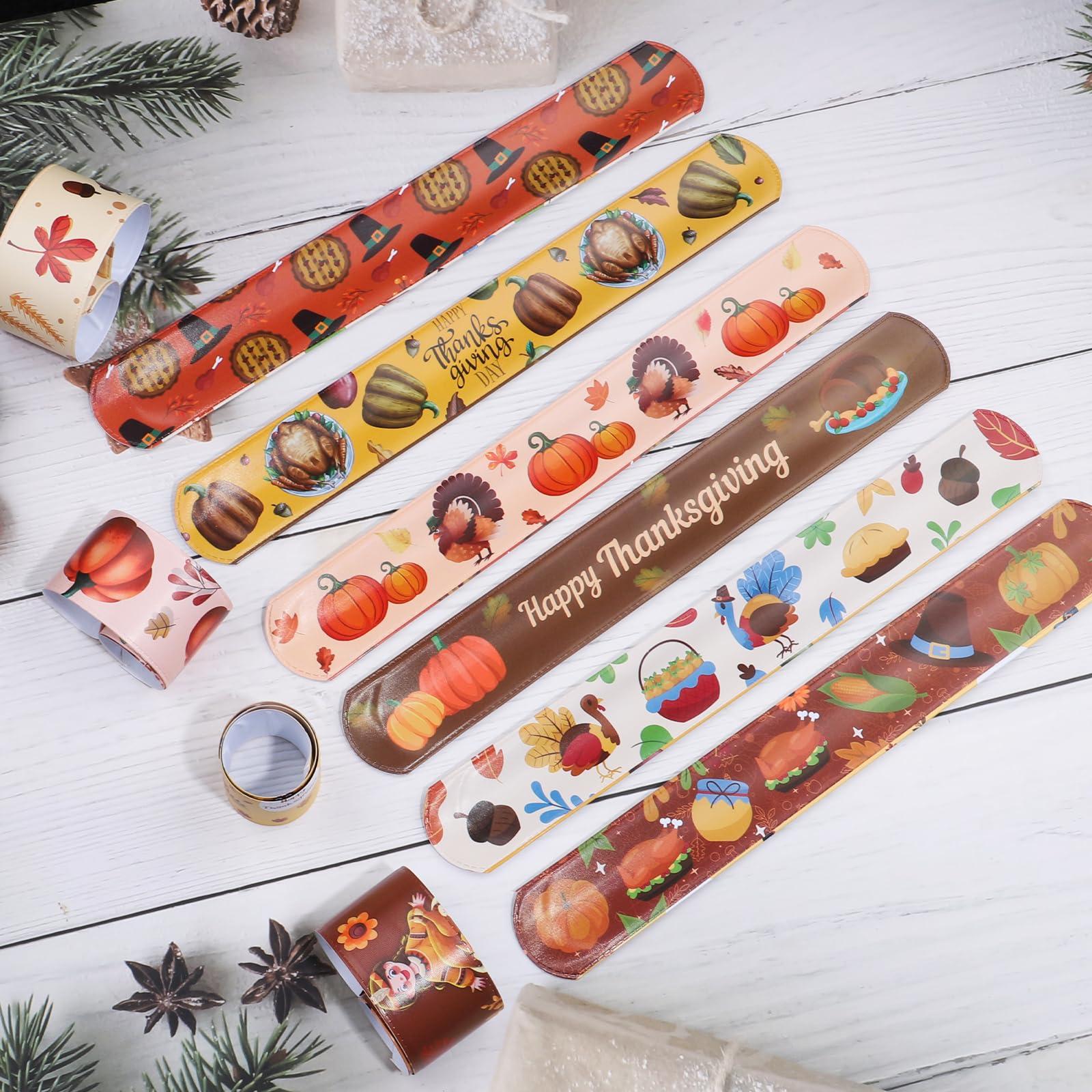 DoYoDoYa 40PCs Thanksgiving Slap Bracelets for Kids with Thanksgiving Tattoo, Turkey Pumpkin Autumn Maple Leaf Snap Band for Fall Party Favors Decor