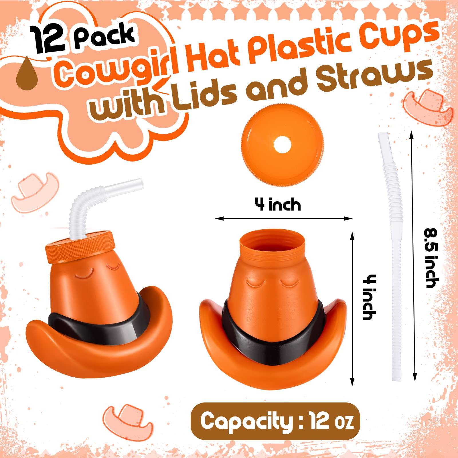 Amyhill Amyhill Cowboy Hat Cups with Lids and Straws 12 oz Plastic Cowboy Hat Cups for Western Party Supplies Cowboy Birthday Party Decorations (Brown,12 Pcs)