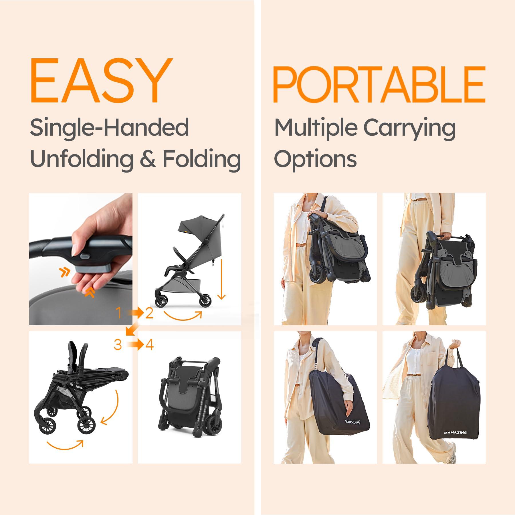 MAMAZING Lightweight Baby Strollers for Airplane, Ultra-Compact Travel Stroller, Light & Strong Portable Toddler Stroller with Carbon Fiber Frame and UPF 50+ Waterproof Fabric, Only 9.9 lbs, Black