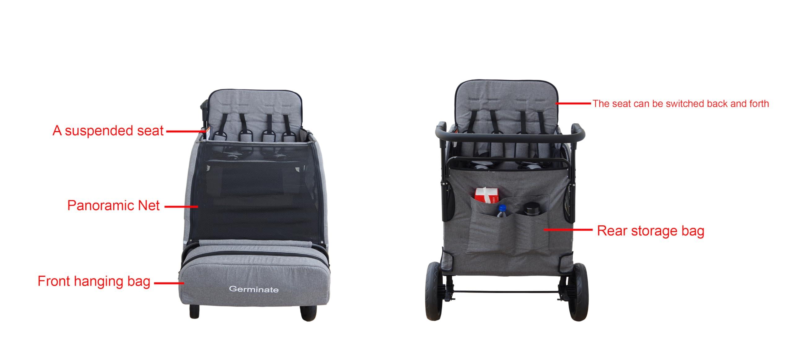 Germinate Germinate 4 Seater Wagon Stroller, Wagon for Kids 1 2 3 5 Toddler Children Travel All Terrain Quad Double Triple Tandem Side by Side Twins Stroller Wagon with Seats (Green)