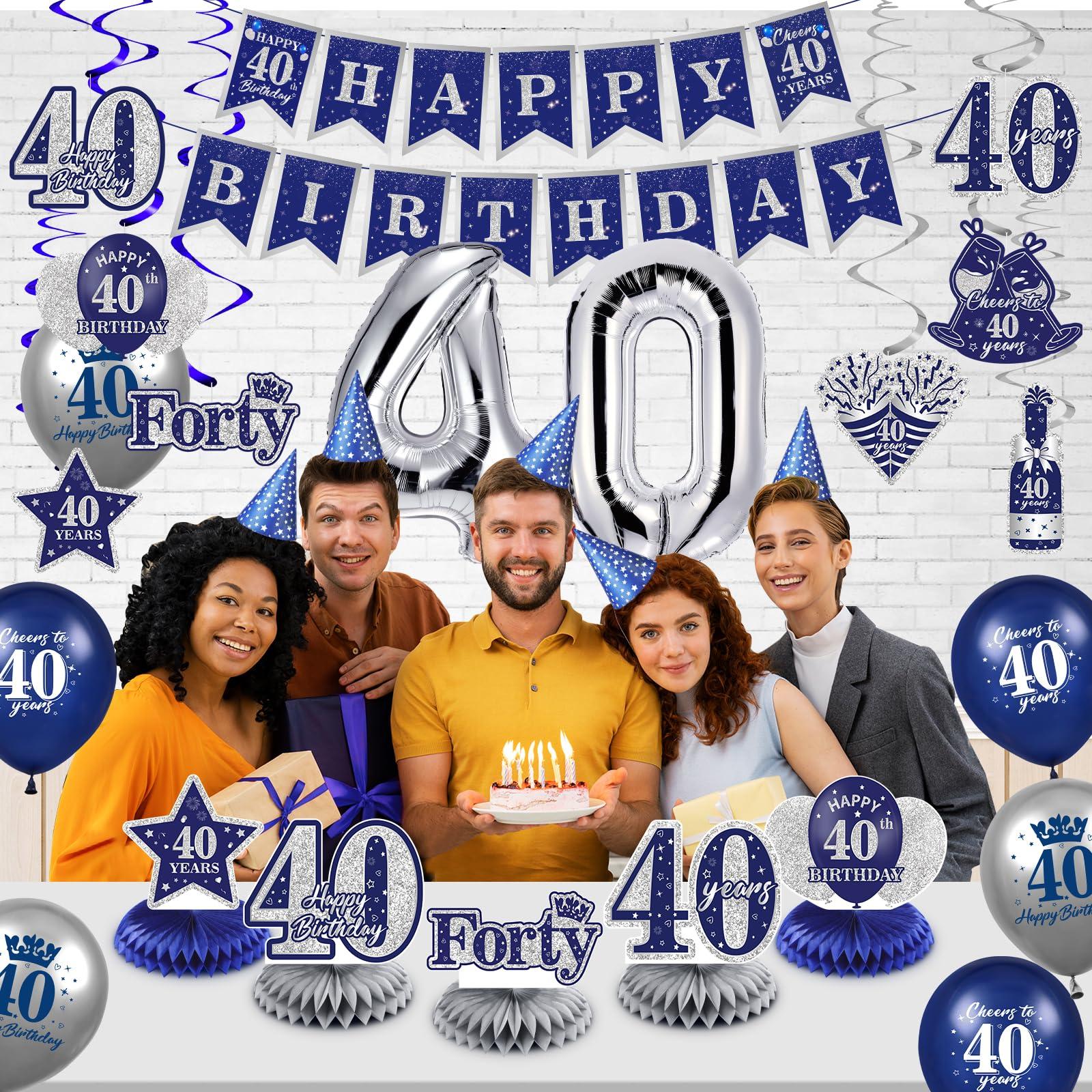 RUMIA Blue 40th Birthday Decorations for Men Women, 47Pcs Navy Blue Silver Happy 40th Birthday Banner Balloons Honeycomb Centerpiece Hanging Swirls Kit for Cheer to 40 Years Birthday Party Supplies Decor
