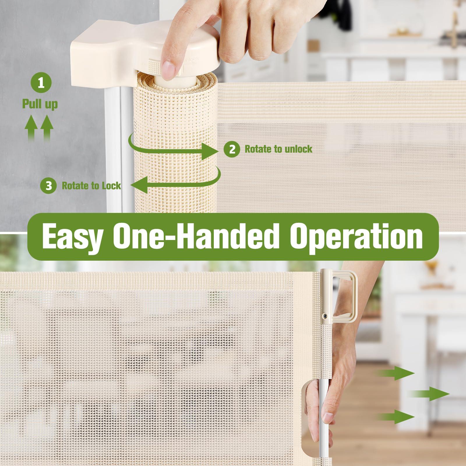 KISKIZ 65 Inch Wide Retractable Baby Gates for Doorways Retractable Dog Gate for Stairs, Indoor Mesh Baby Gate Retractable Gate Outdoor Tall Baby Gates for Dogs, Baby Barrier Retractable Safety Gate, Beige