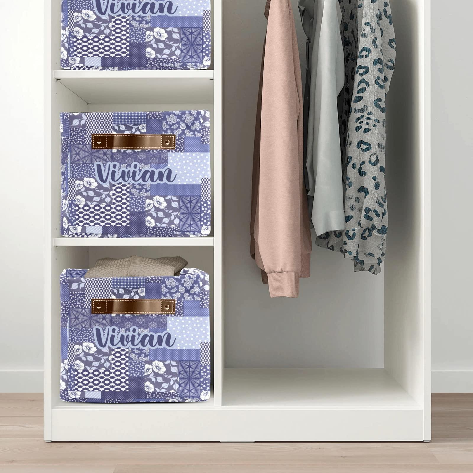 Deven Deven Blue Flower Vintage Quilt Personalized Large Storage Baskets for Organizing Shelves with Handle,Closet Decorative Storage Bins for Bathroom,Nursery,Home 4 Pack