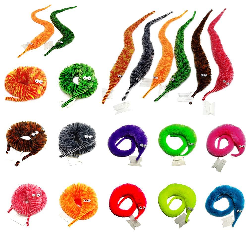 SHENGSEN SHENGSEN 12 Pieces Fuzzy Worm Toys String Pets Fuzzy Worms On String Bulk Trick Toy Party Favors for Kid Cat (12 Colors)