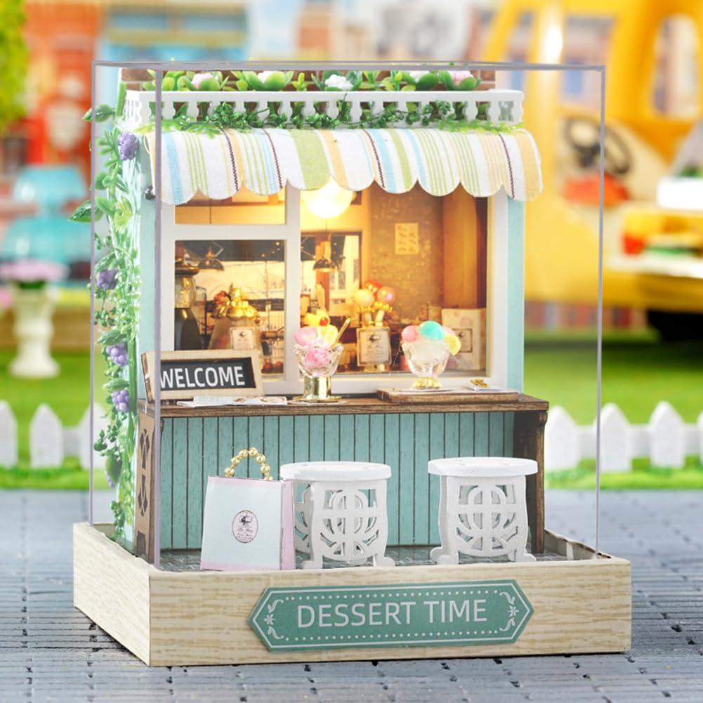 Generic Generic DIY Miniature Dollhouse Kit Wooden Dolls House with LED Dust CoverCreative Room Mini House Building Kit for Birthday Gift (Dessert time)