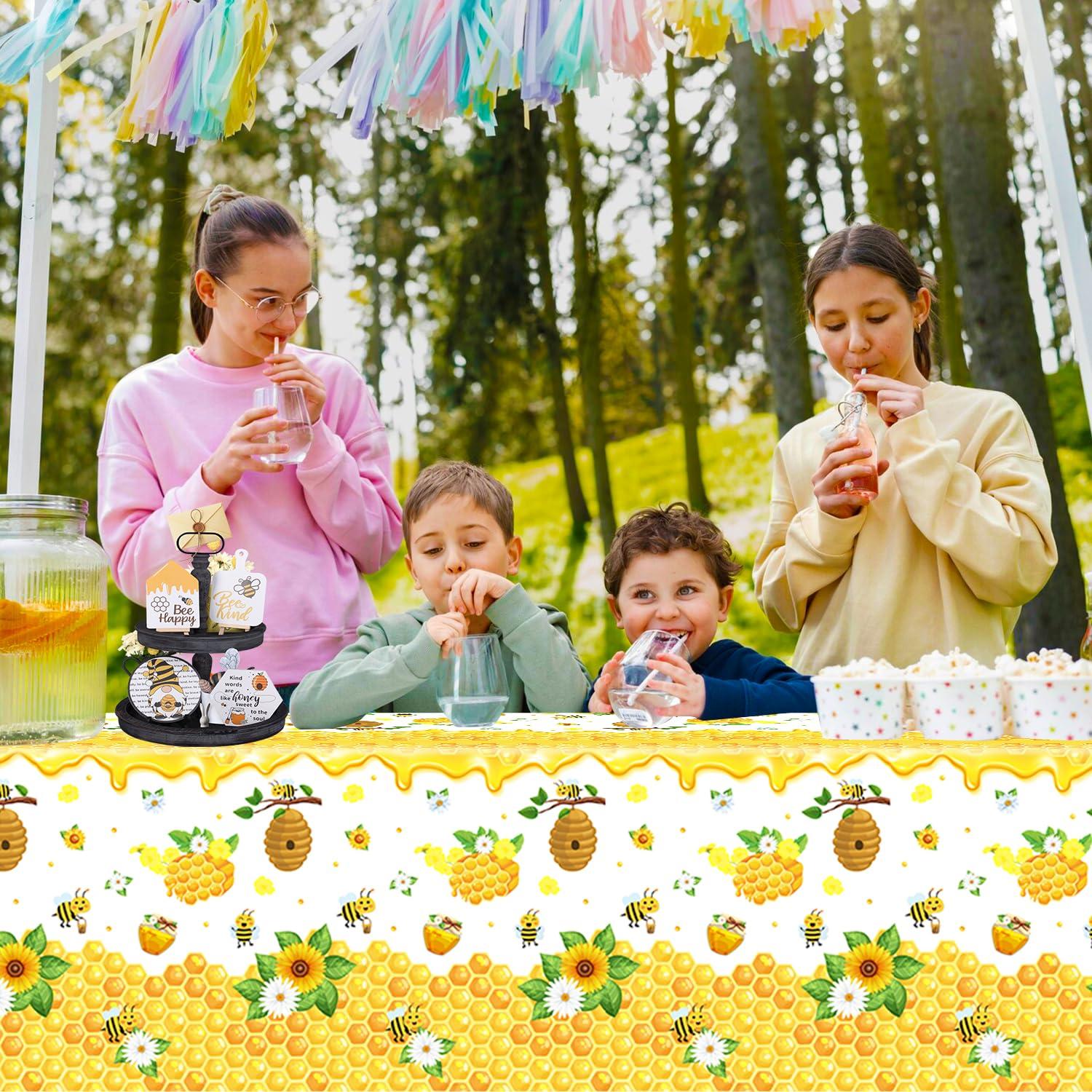 Dvaorc 4 Pack Bee Tablecloth Happy Bee Day Tablecloths Rectangle Honey Bees Bumble Table Cover Bee Theme Party Tablecloth for Bee Baby Shower Bee Birthday Party Decorations 51 x 86 Inch