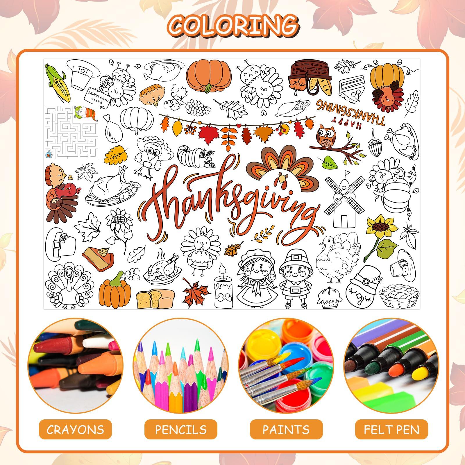 FATHER.SON FATHER.SON Thanksgiving Coloring Tablecloth for Kids, 47 x 70 inch Fall Paper Table Cover Decorations for Turkey-Themed Thanksgiving Day Party, Fall School Party Decor