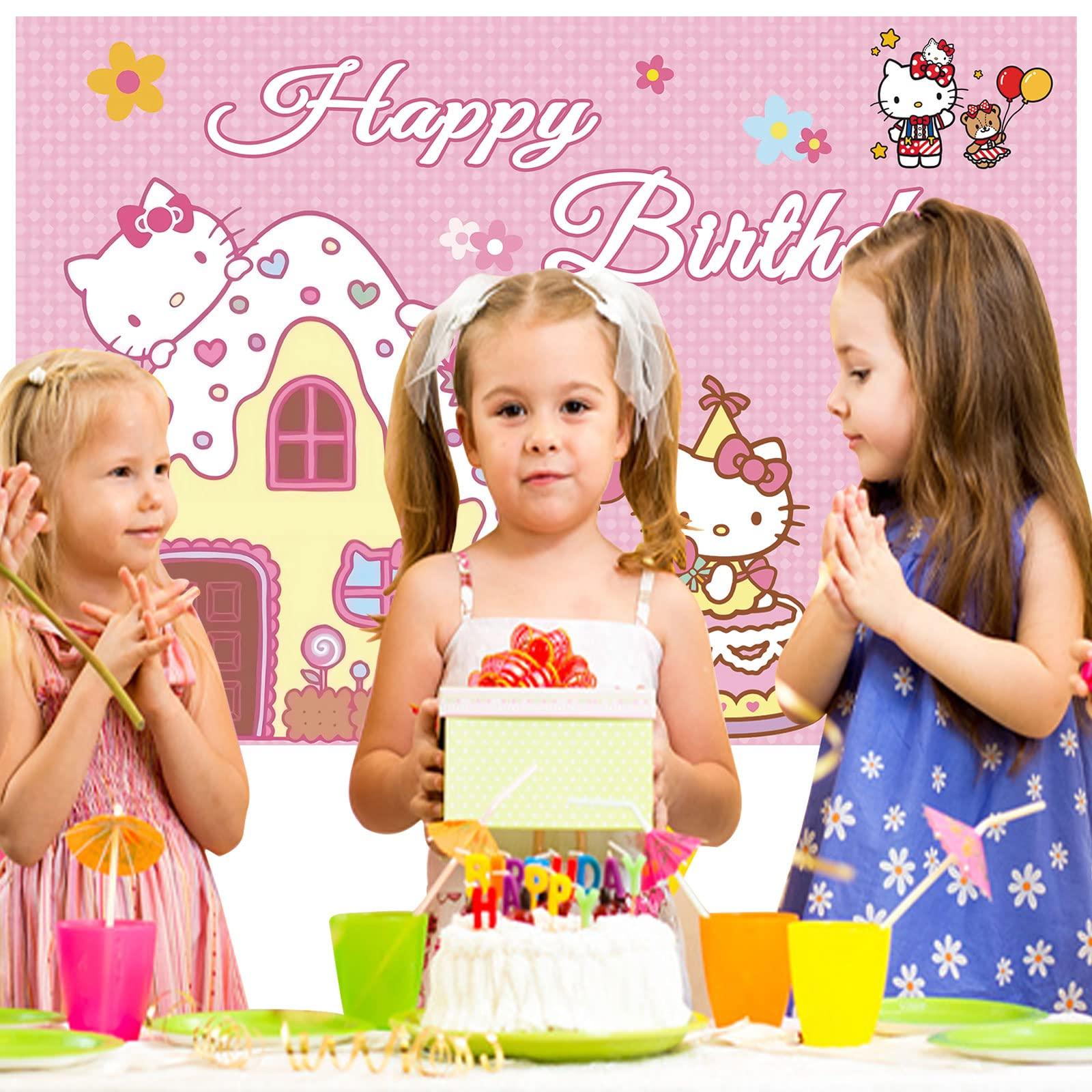 Lenglet Kawaii Kitty Birthday Party Supplies, Happy Birthday Backdrop for Kawaii Theme Party, 5 x 3 FT Cute Kitty Photography Background Banner for Girls Boys Birthday Party Decorations