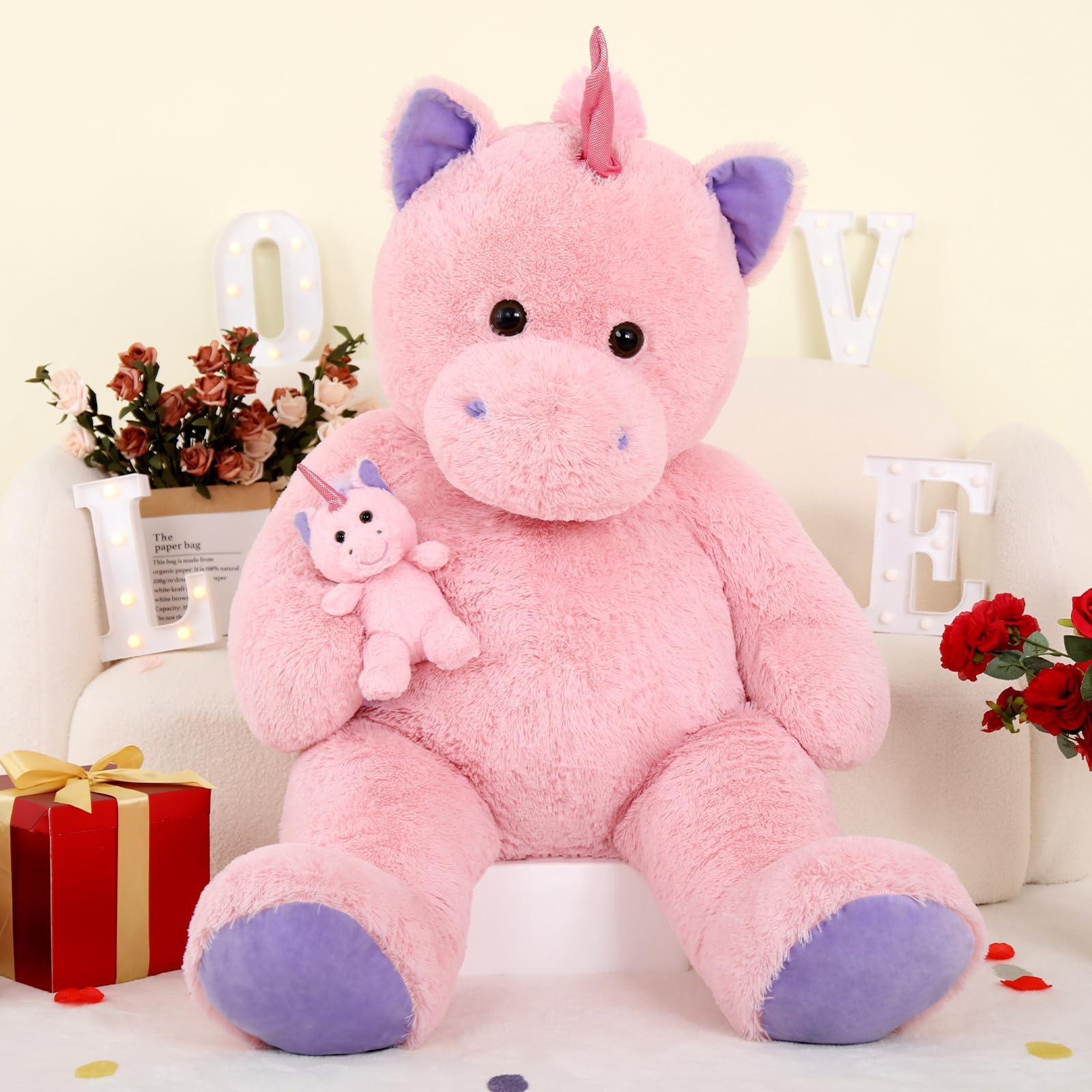 MorisMos MorisMos Giant Stuffed Unicorn 4 Foot, 51\'\' Giant Unicorn Stuffed Animal, 2-in-1 Big Stuffed Unicorn & Baby Unicorn Doll, Pink Unicorn Stuffed Animal for Girl Kid on Birthday Christmas Valentine\'s Day